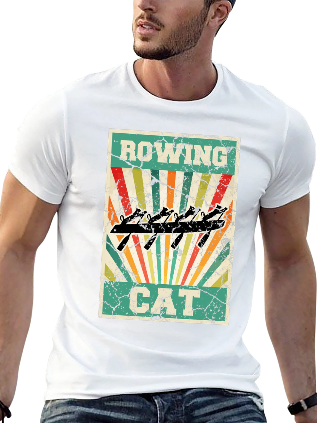 Rowing Cat T-Shirt - Retro Style