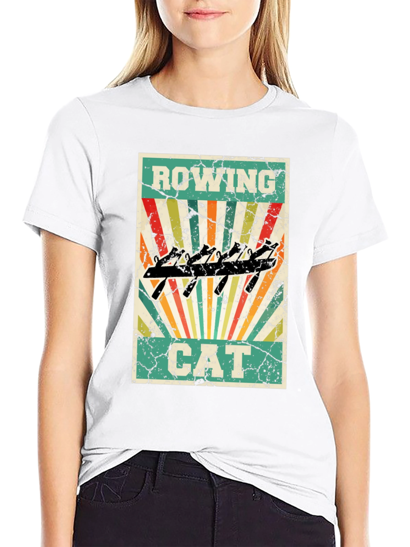 Rowing Cat T-Shirt - Retro Style