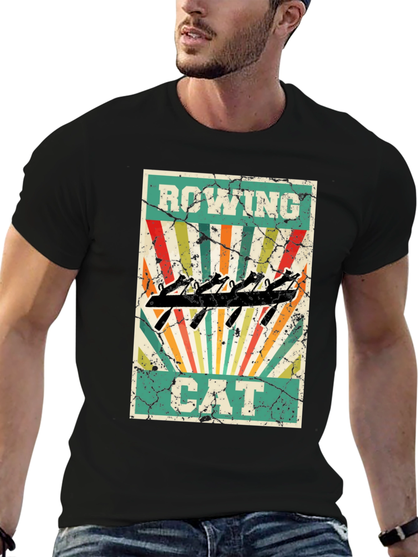 Rowing Cat T-Shirt - Retro Style