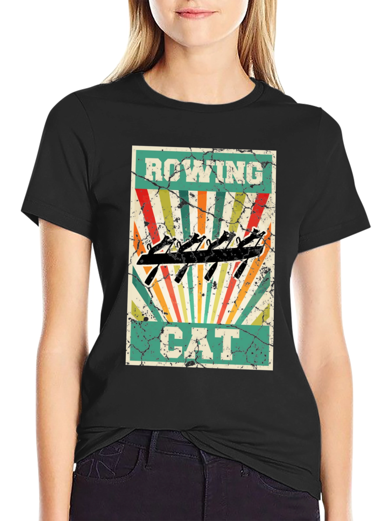Rowing Cat T-Shirt - Retro Style