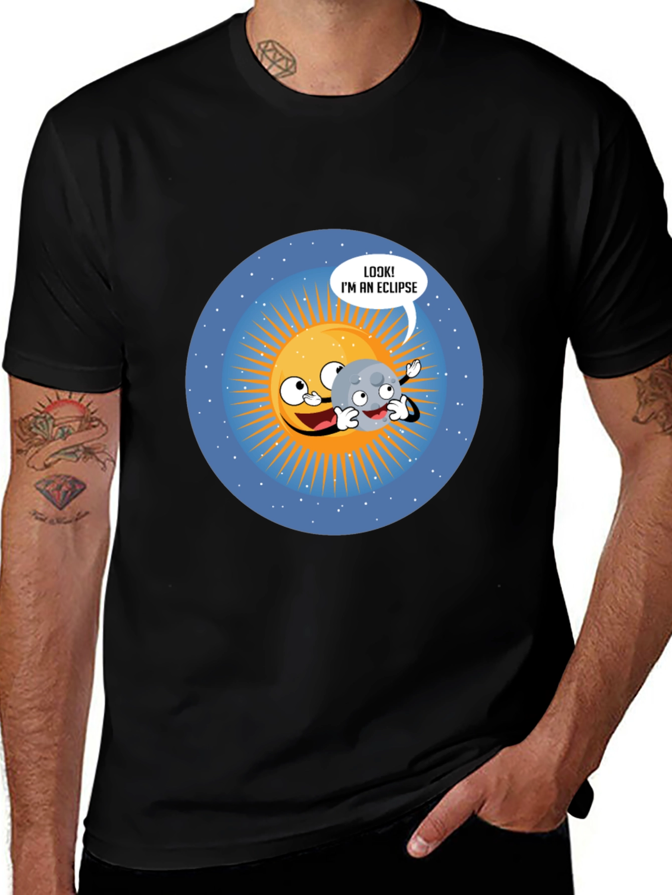 Funny Eclipse Cartoon Graphic Black T-Shirt
