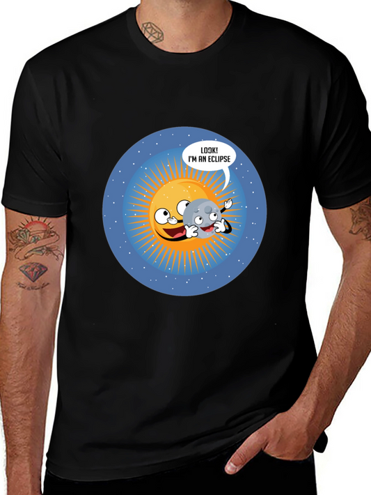 Funny Eclipse Cartoon Graphic Black T-Shirt
