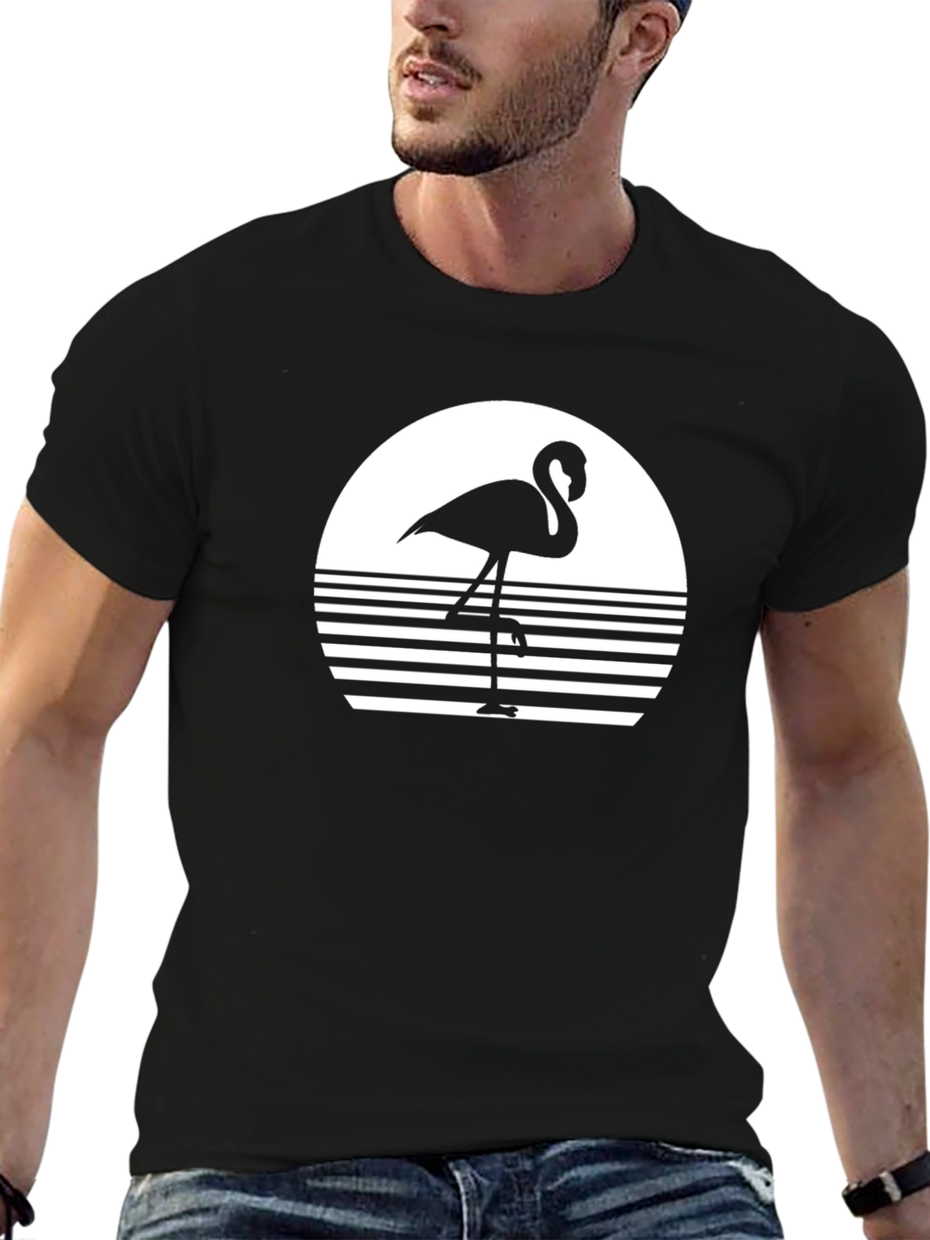 Retro Flamingo Sunset Graphic Tee - Black