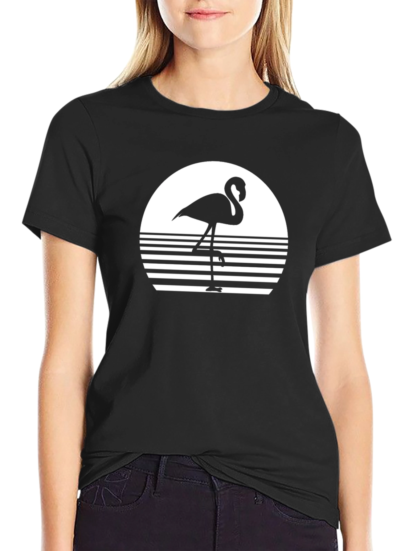 Retro Flamingo Sunset Graphic Tee - Black
