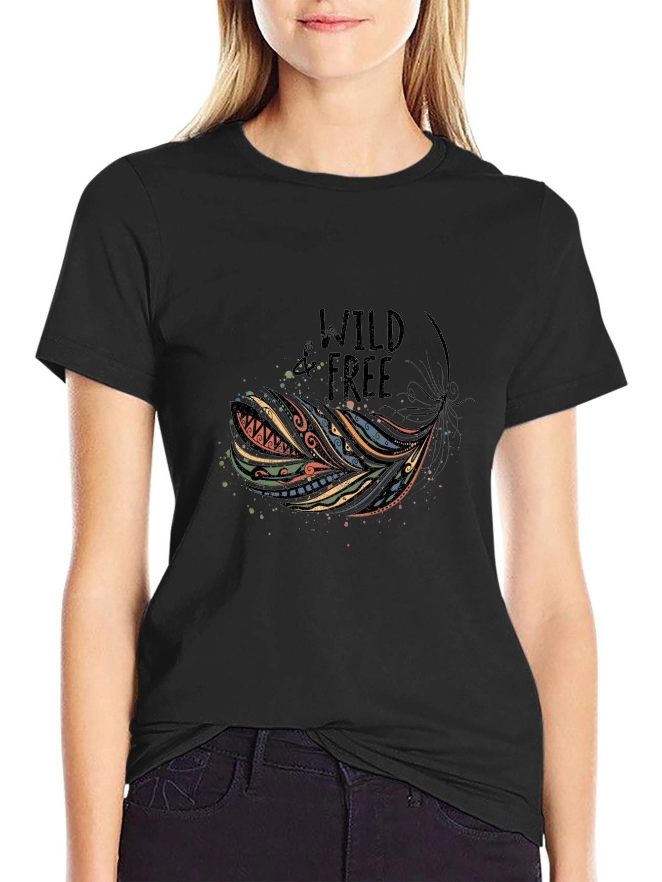 Wild and Free Feather Graphic Tee - Black