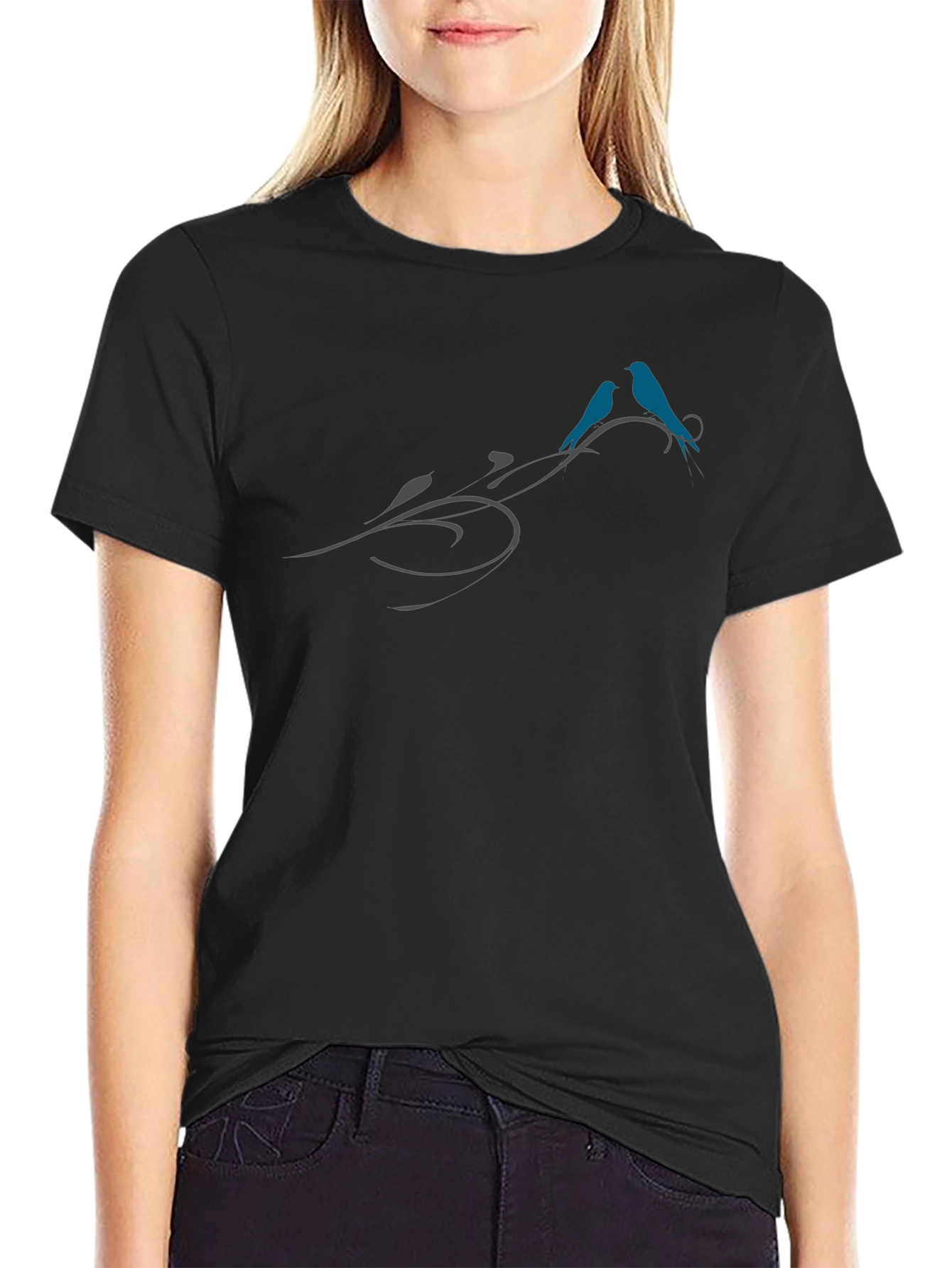 Birds on Vine Graphic Tee - Stylish Black T-Shirt