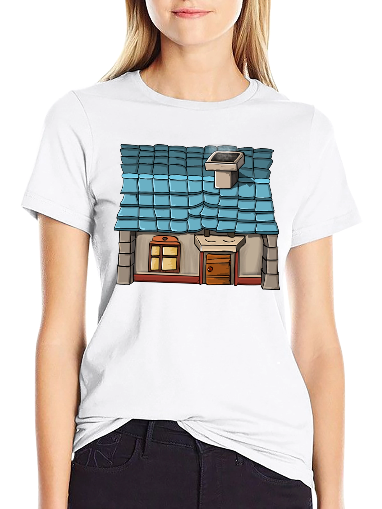 Cartoon House Graphic Tee - Black Cotton Casual Shirt