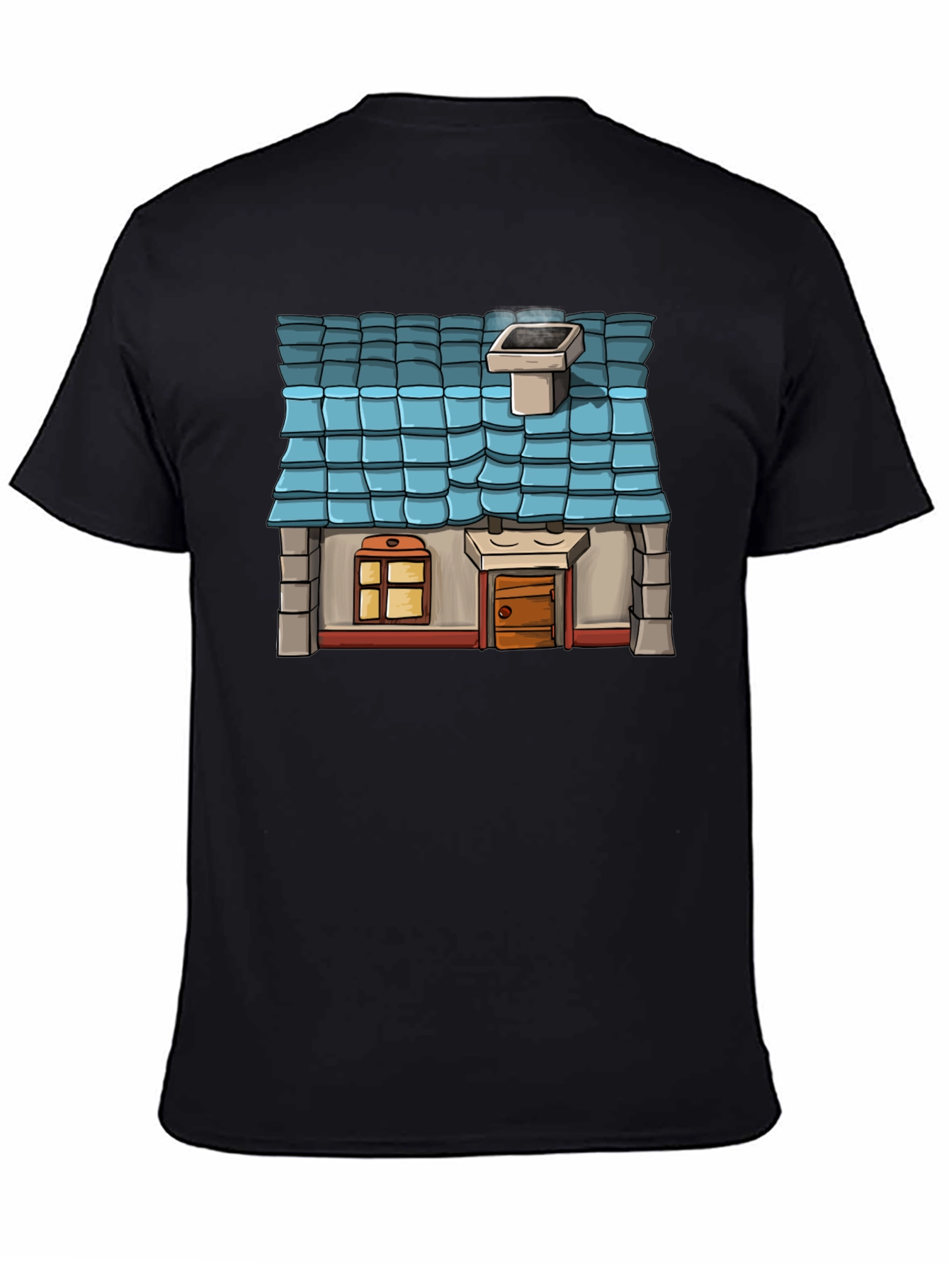 Cartoon House Graphic Tee - Black Cotton Casual Shirt