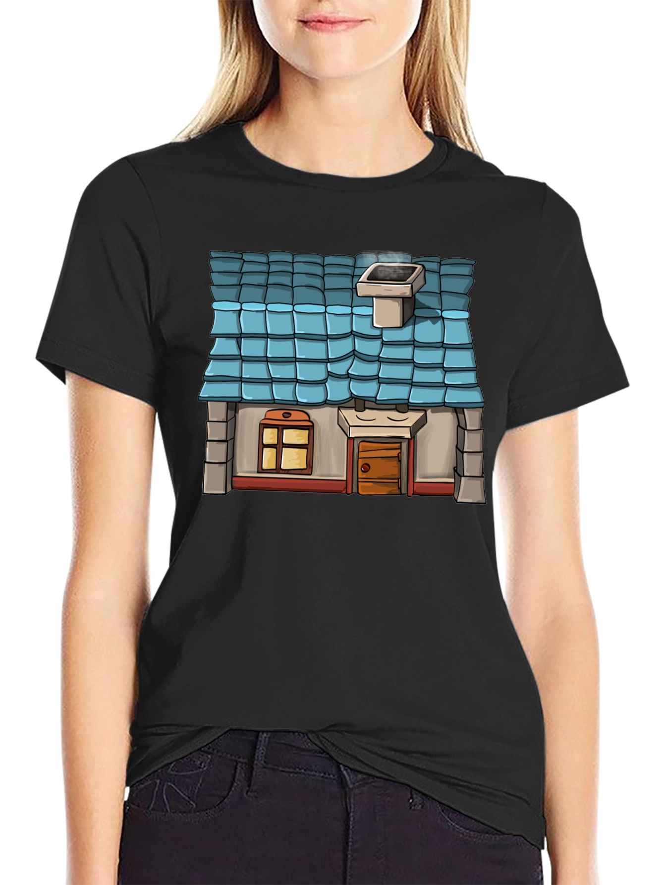 Cartoon House Graphic Tee - Black Cotton Casual Shirt