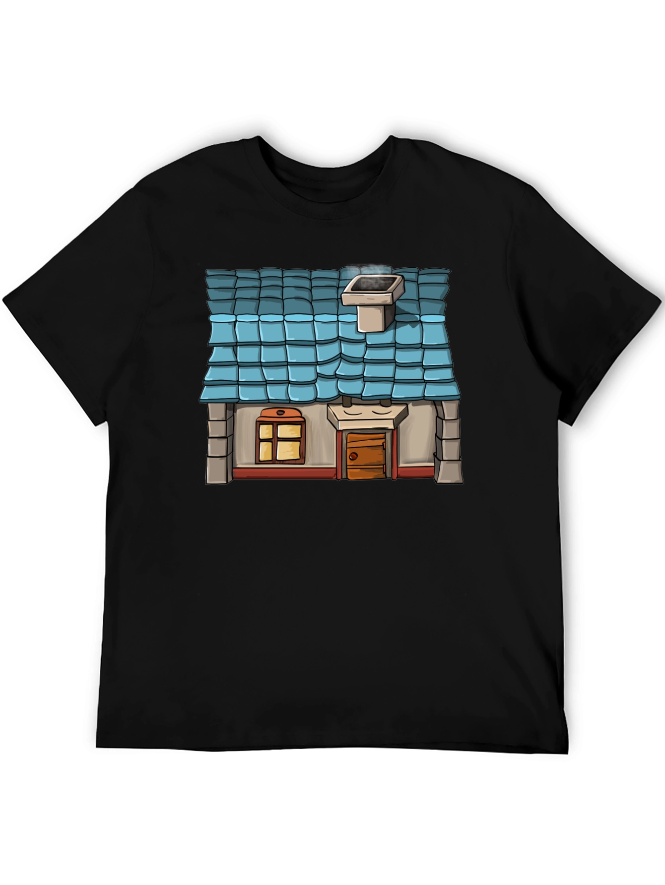 Cartoon House Graphic Tee - Black Cotton Casual Shirt