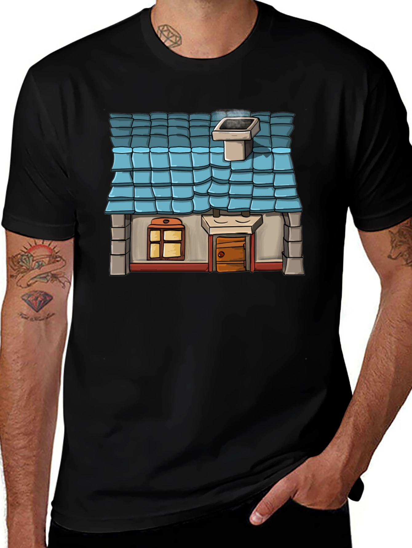 Cartoon House Graphic Tee - Black Cotton Casual Shirt