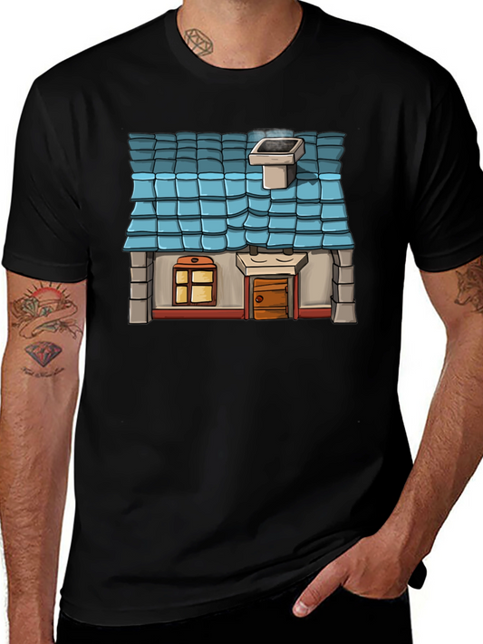 Cartoon House Graphic Tee - Black Cotton Casual Shirt