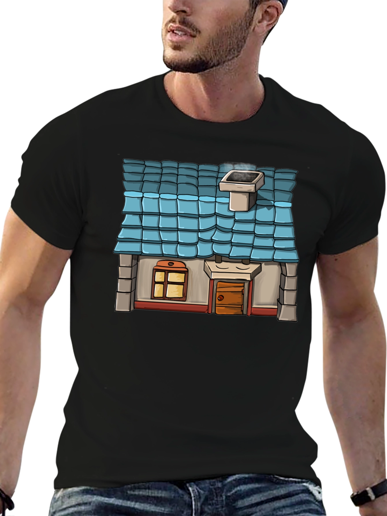 Cartoon House Graphic Tee - Black Cotton Casual Shirt