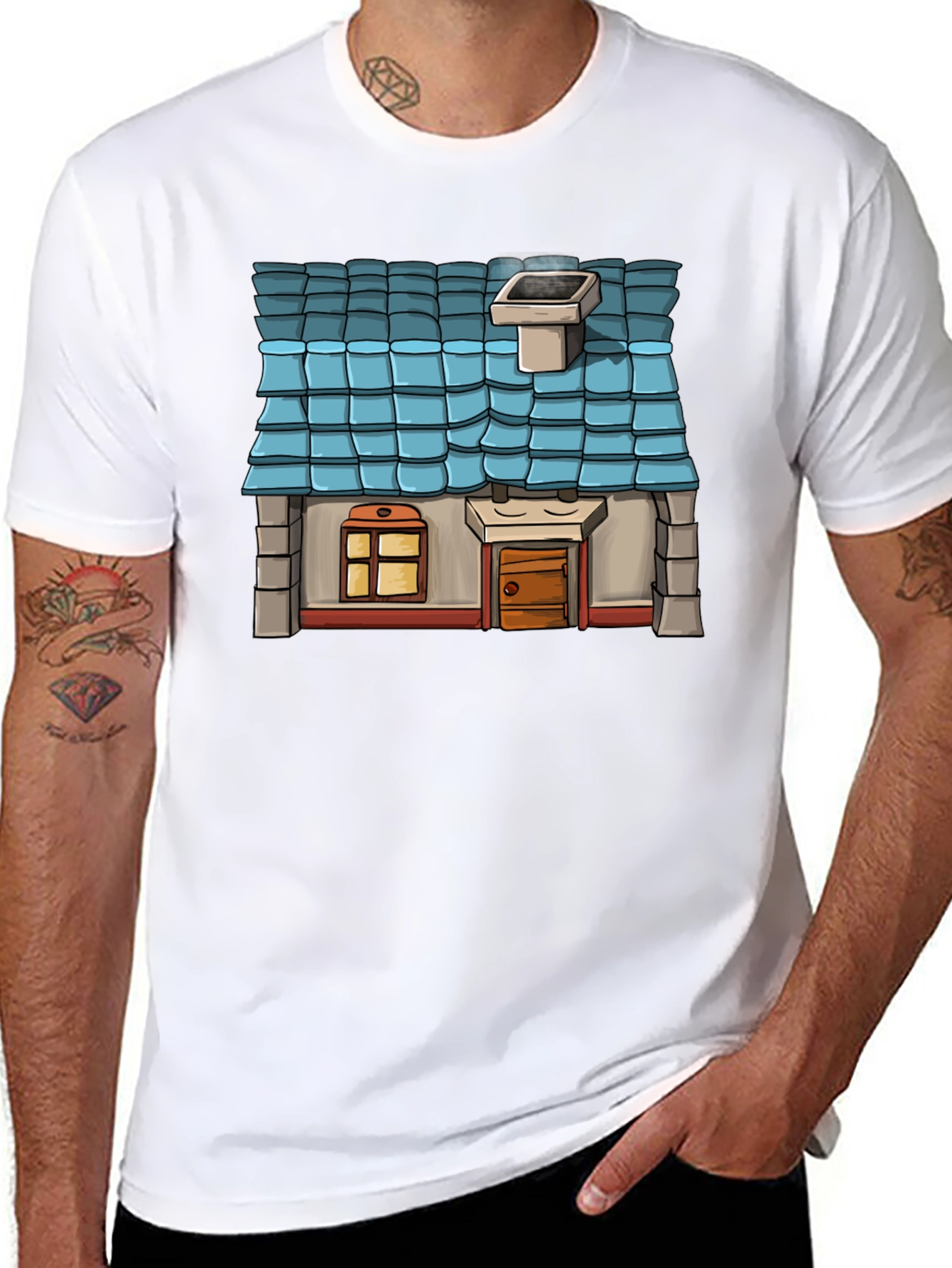 Cartoon House Graphic Tee - Black Cotton Casual Shirt