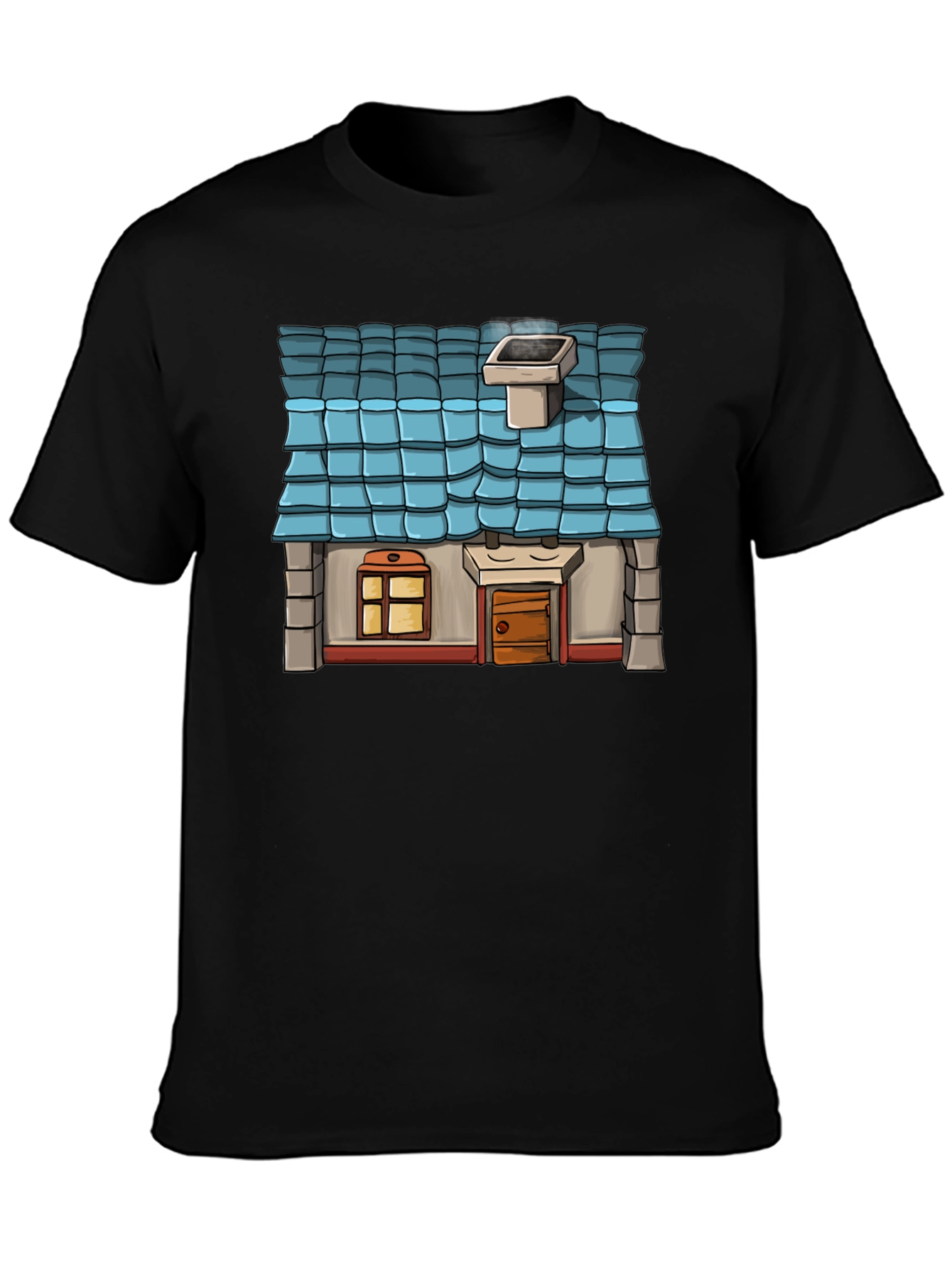 Cartoon House Graphic Tee - Black Cotton Casual Shirt