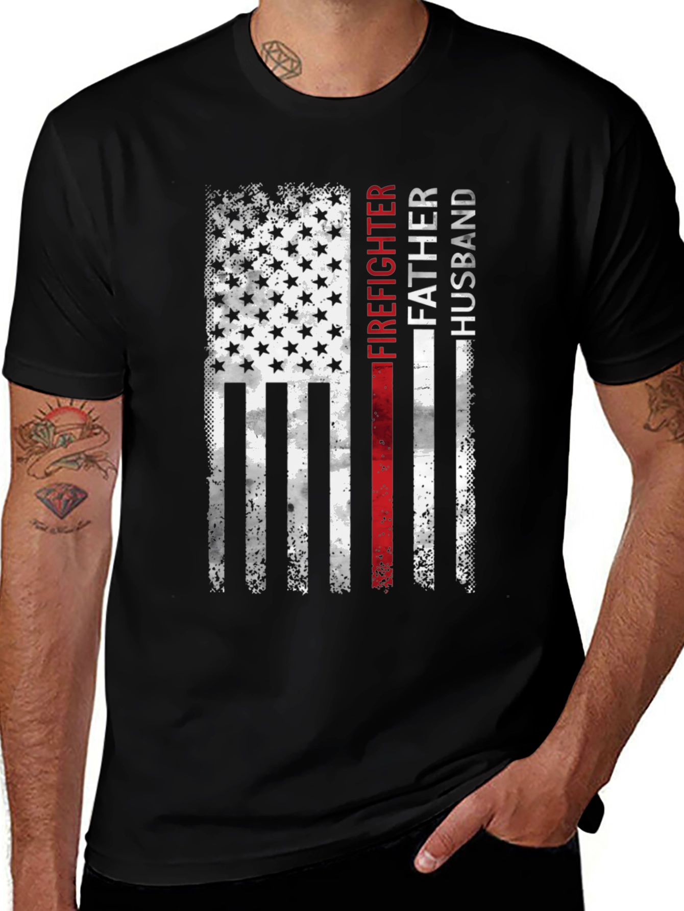 Firefighter Father Husband American Flag T-Shirt