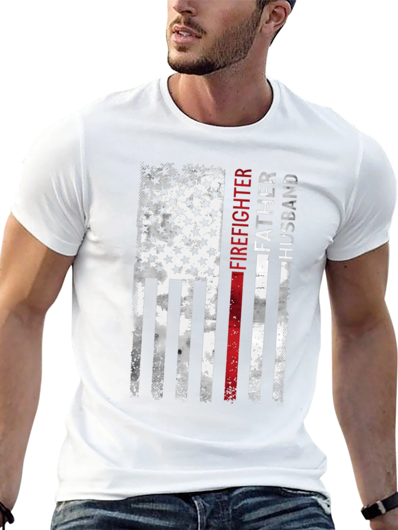 Firefighter Father Husband American Flag T-Shirt