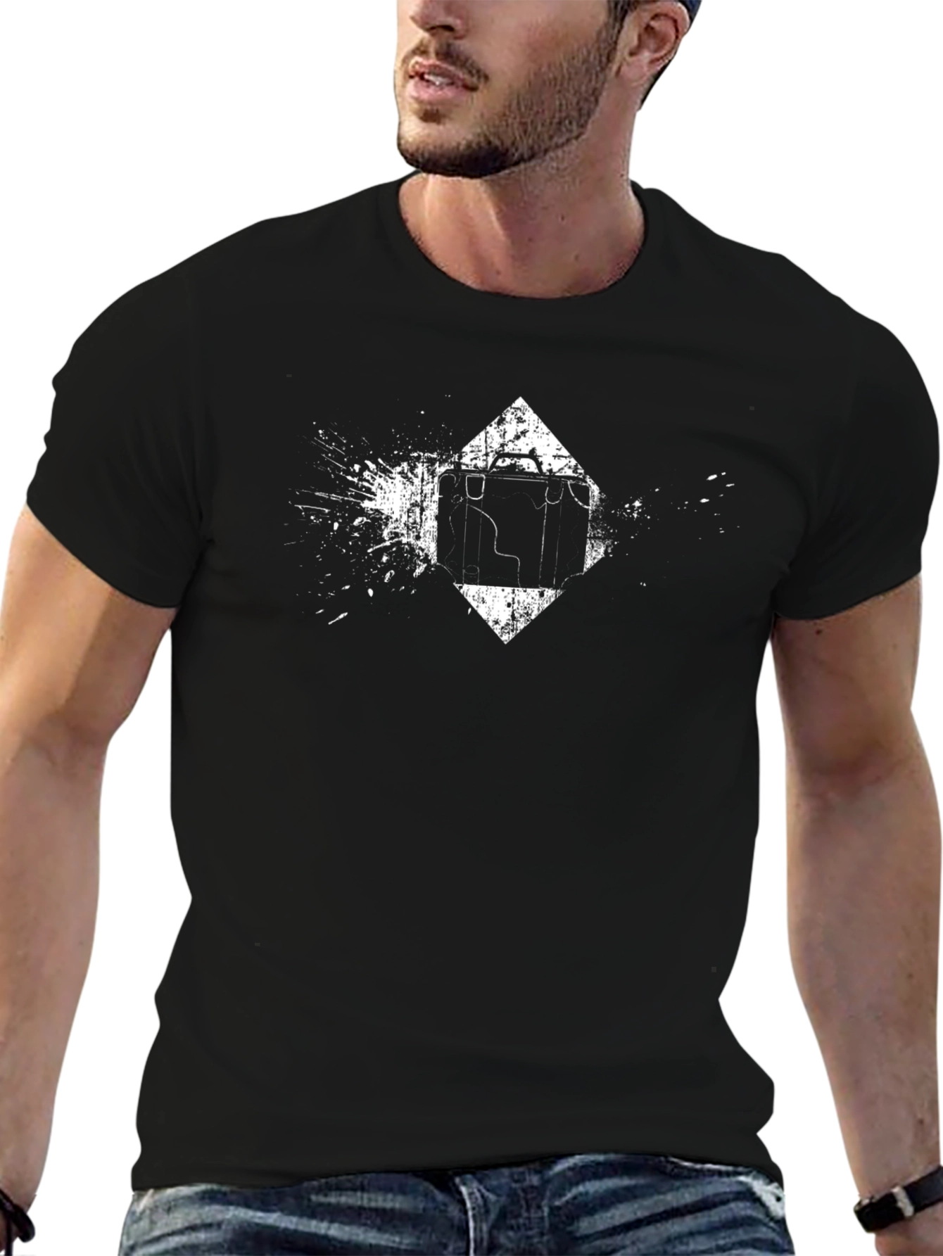 Distressed Suitcase Graphic Tee - Black Cotton