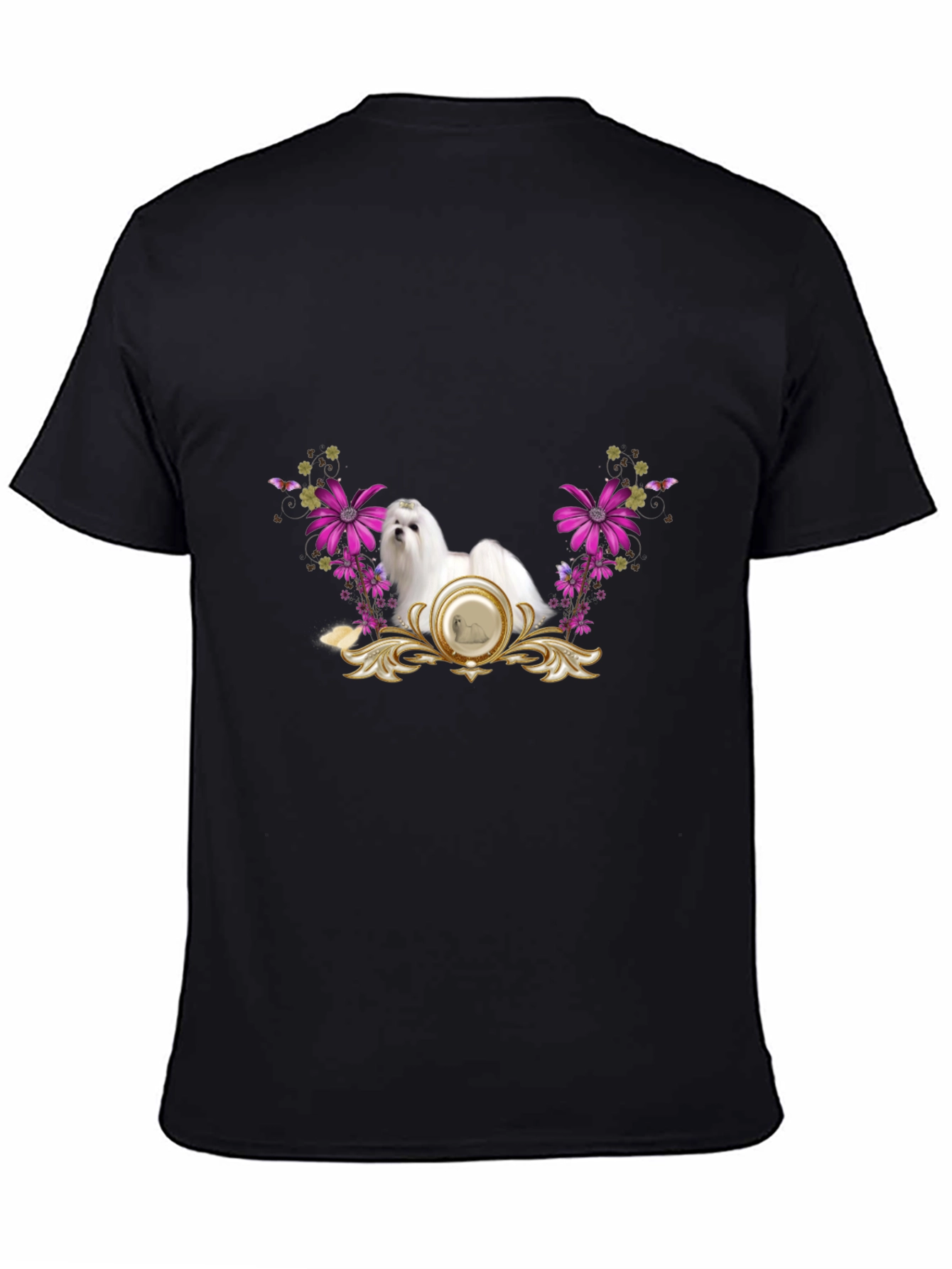 Floral Maltese Dog Graphic Tee - Black
