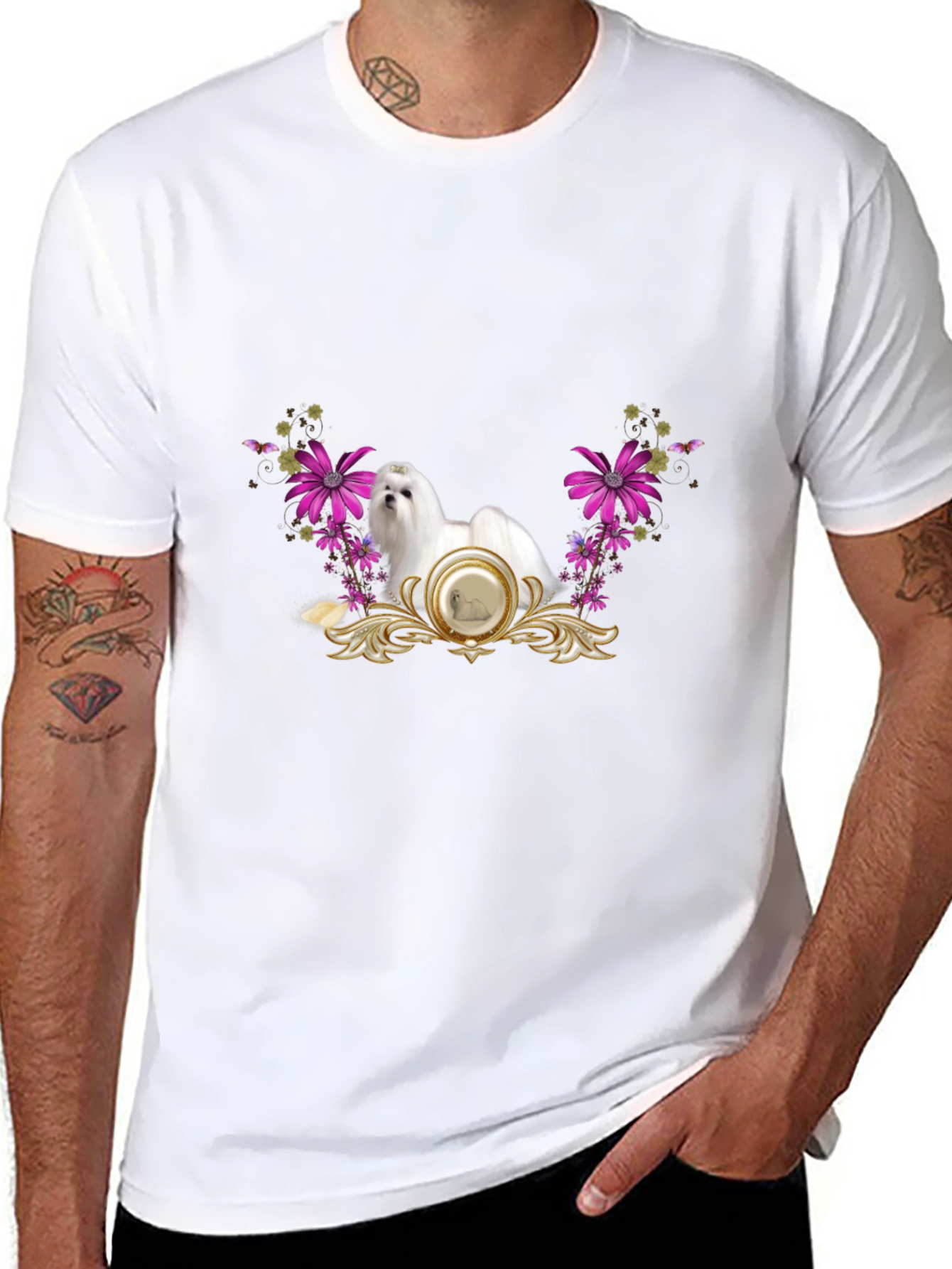 Floral Maltese Dog Graphic Tee - Black