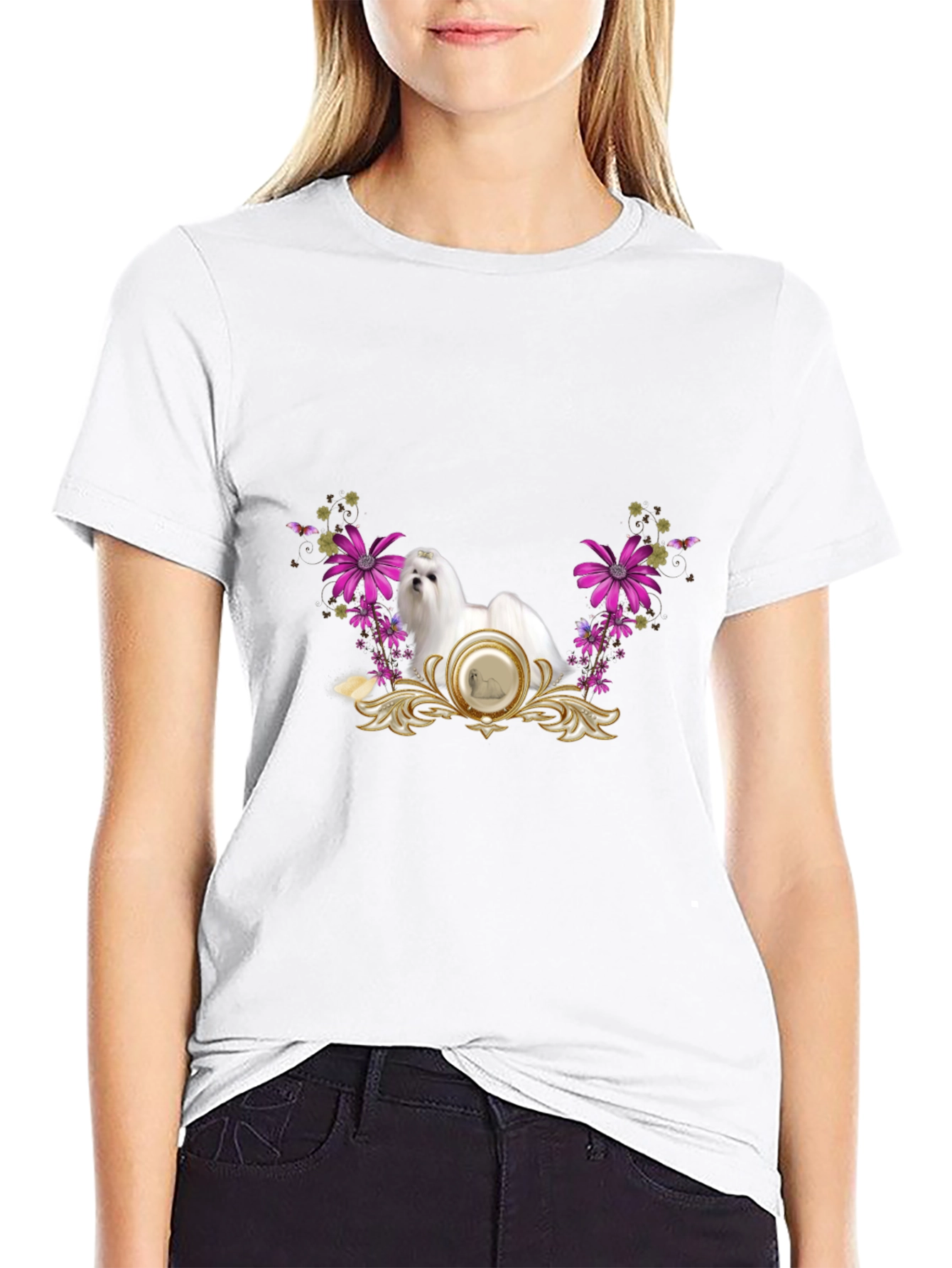 Floral Maltese Dog Graphic Tee - Black