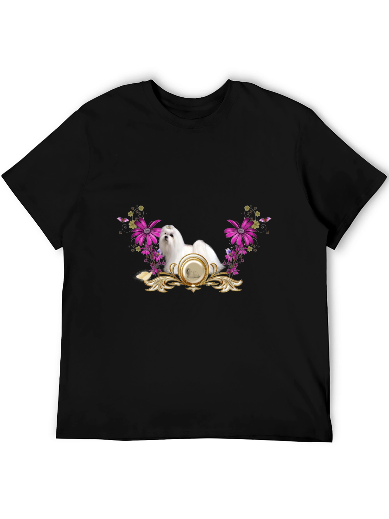 Floral Maltese Dog Graphic Tee - Black