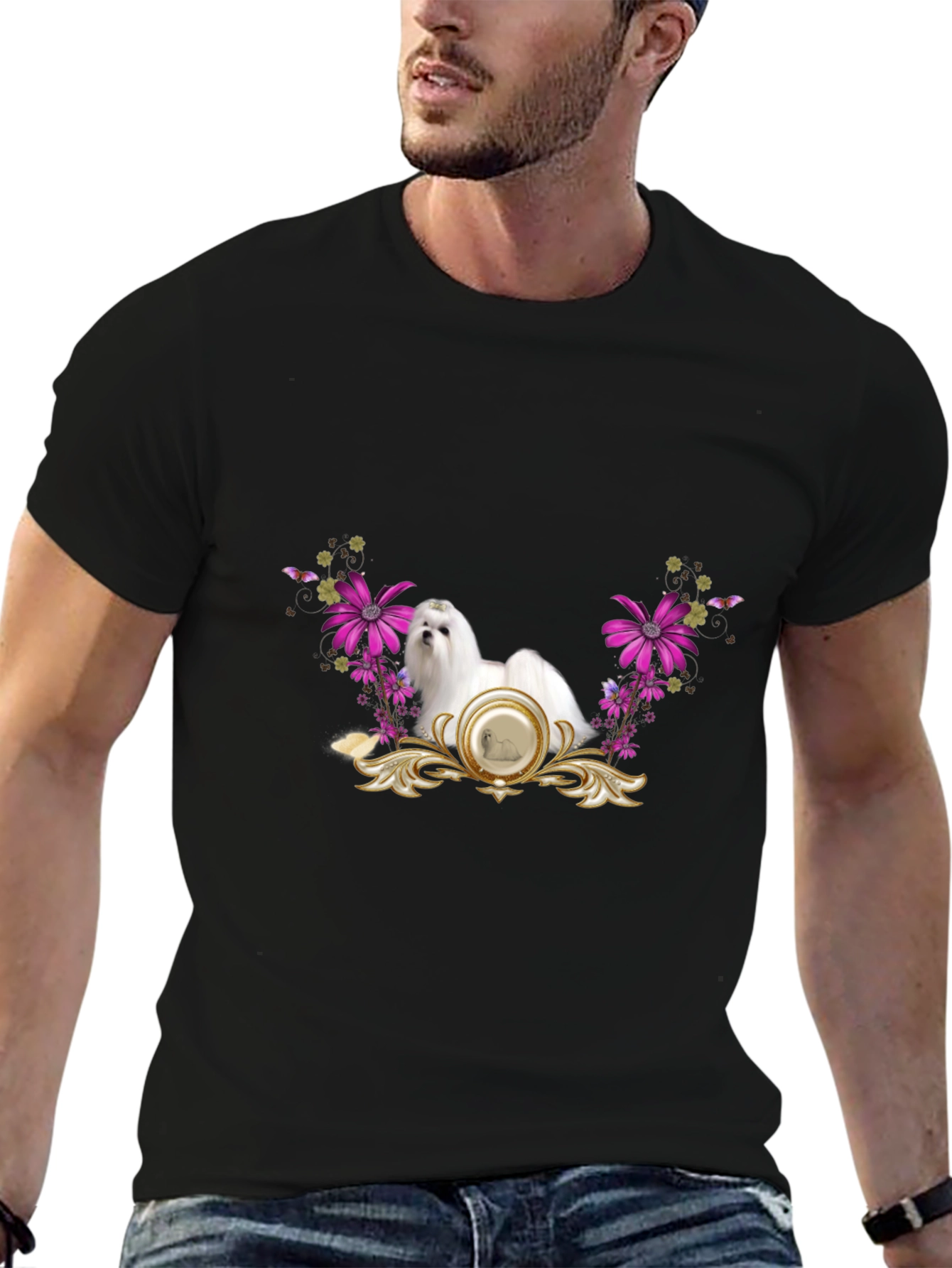 Floral Maltese Dog Graphic Tee - Black
