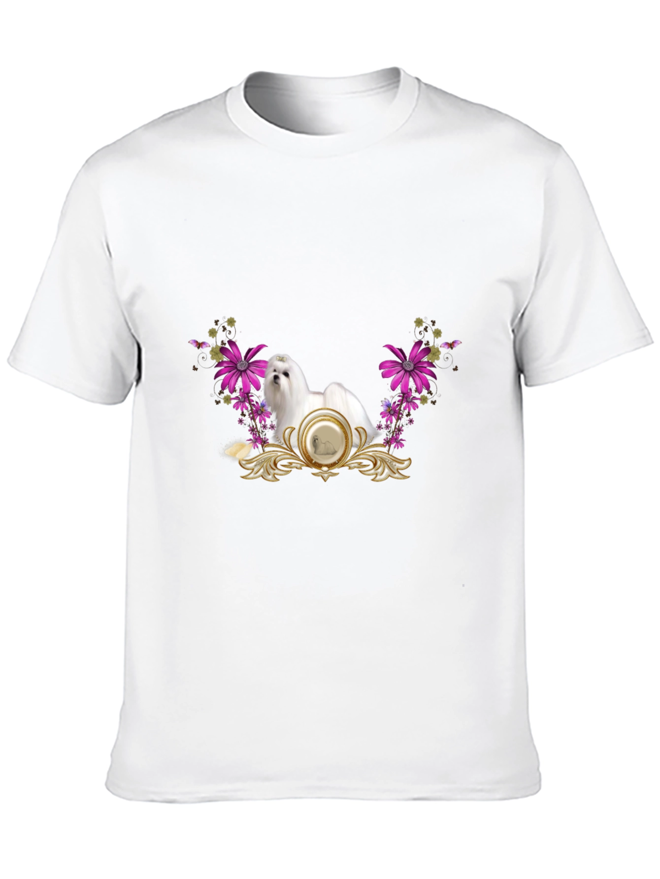 Floral Maltese Dog Graphic Tee - Black