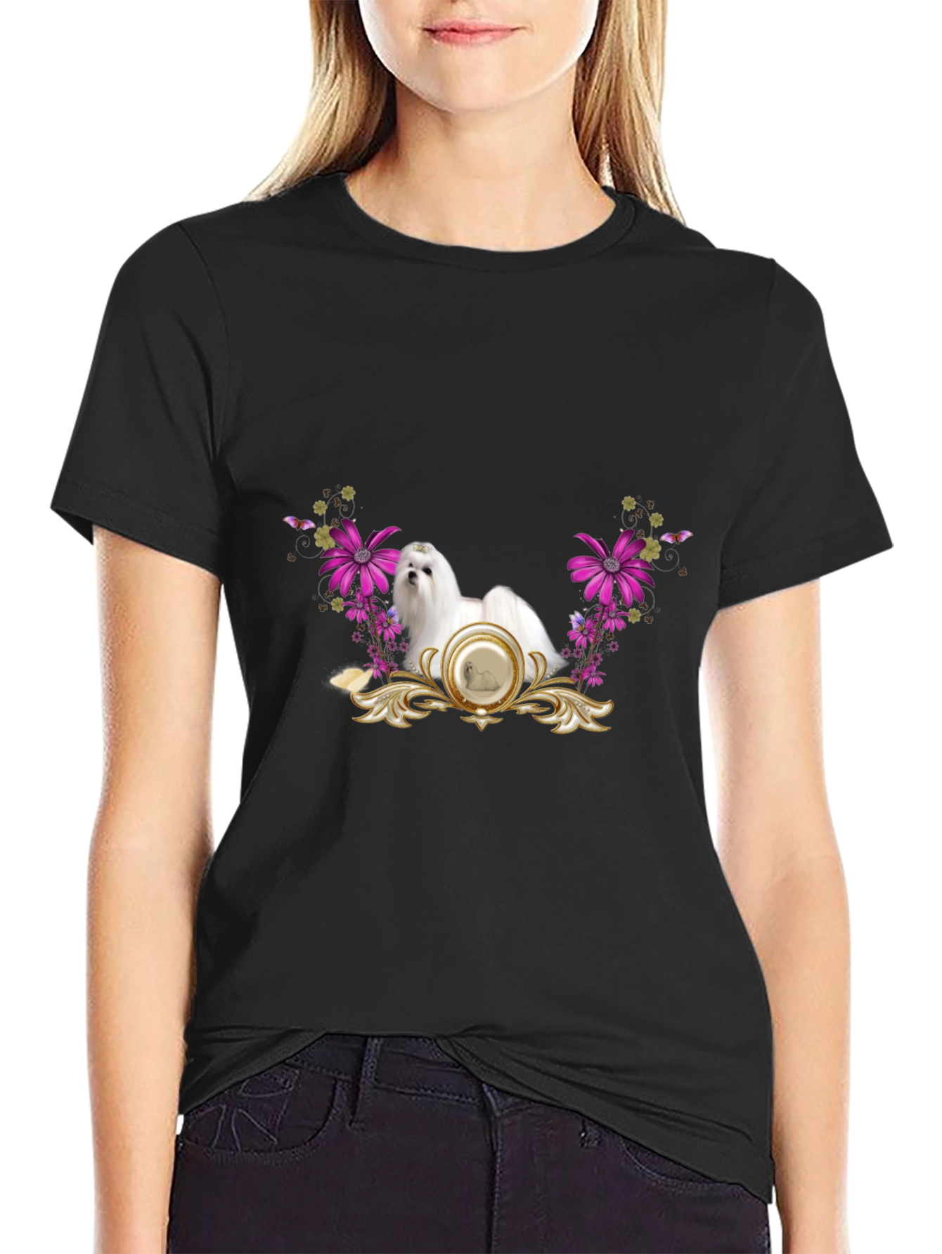 Floral Maltese Dog Graphic Tee - Black