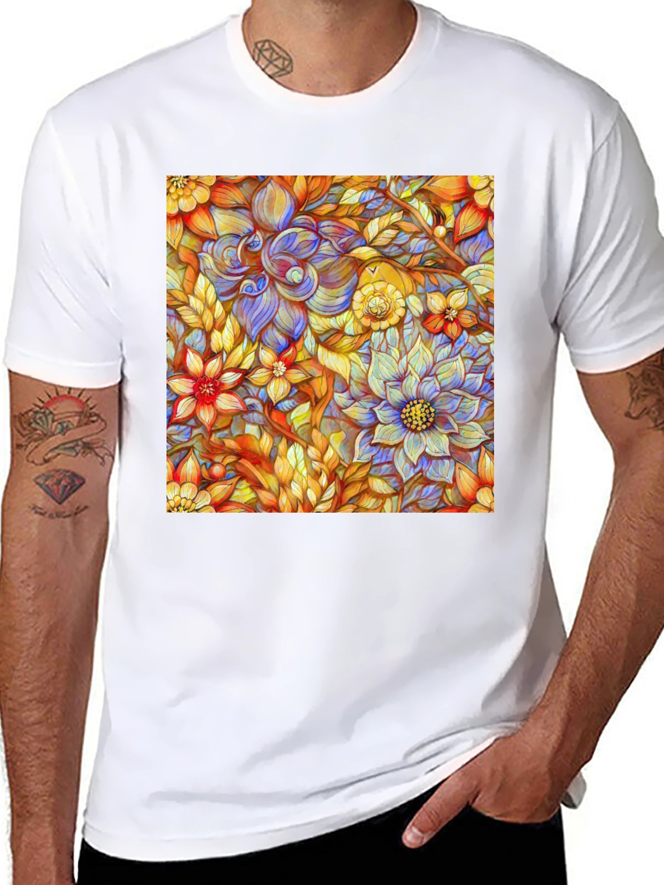 Floral Art Print Mens Black T-Shirt