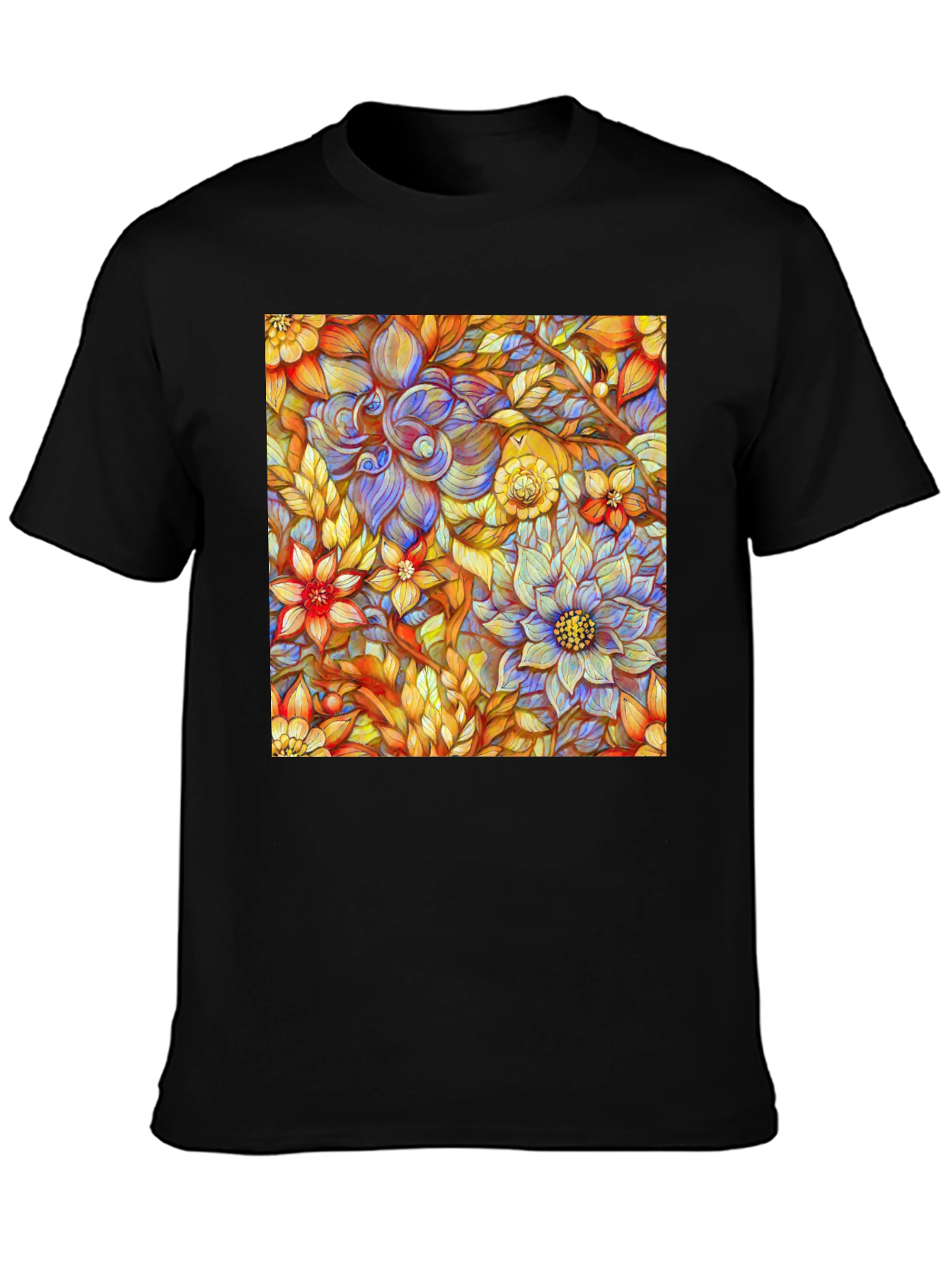 Floral Art Print Mens Black T-Shirt
