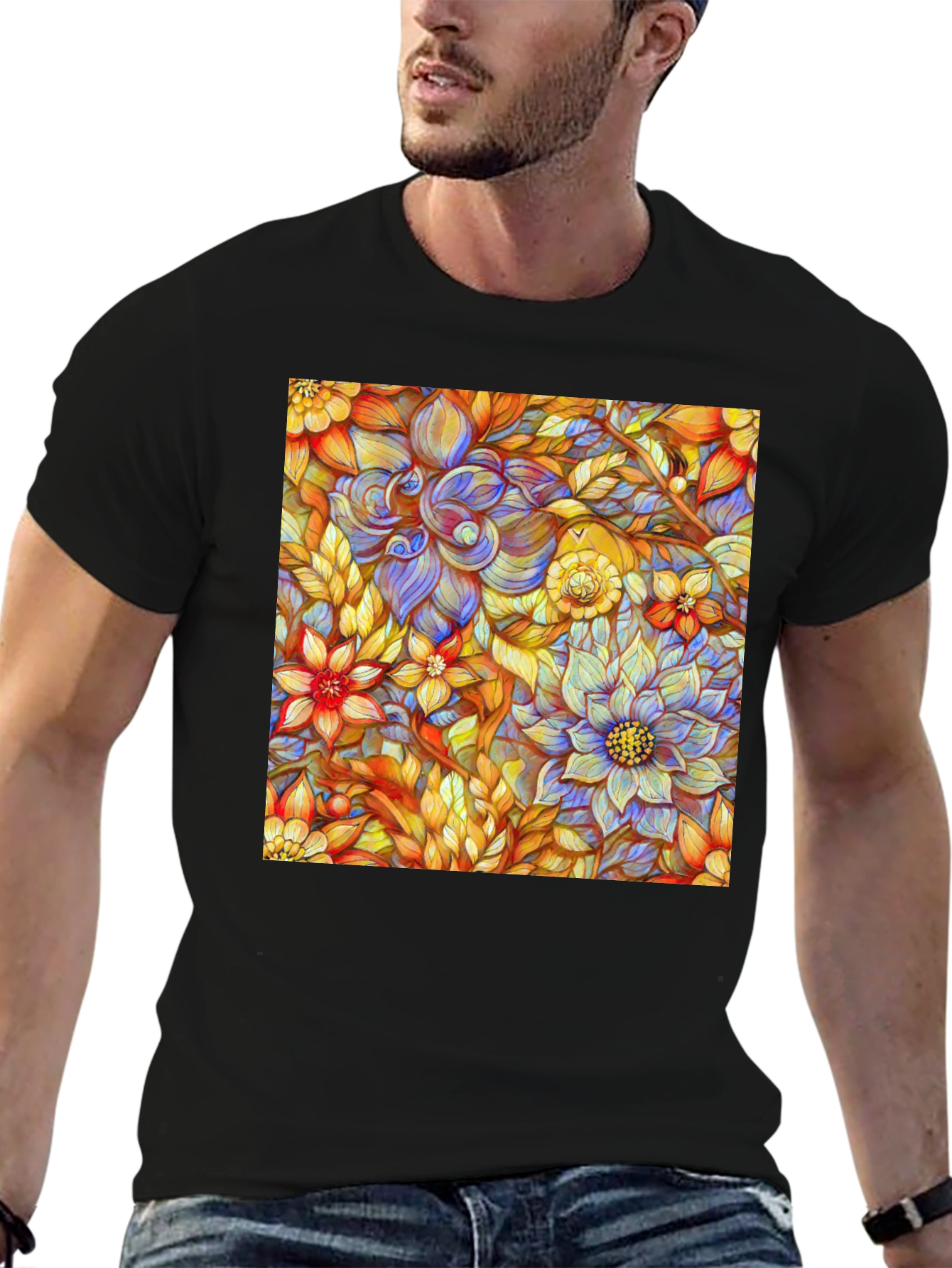 Floral Art Print Mens Black T-Shirt