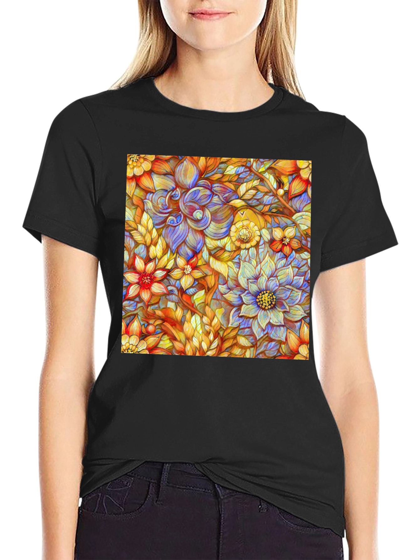 Floral Art Print Mens Black T-Shirt