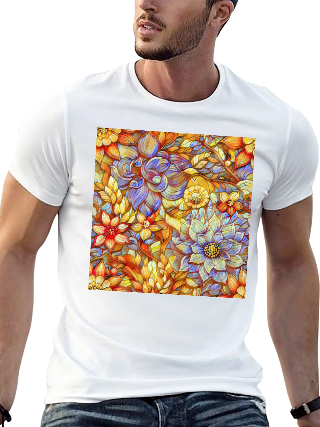 Floral Art Print Mens Black T-Shirt