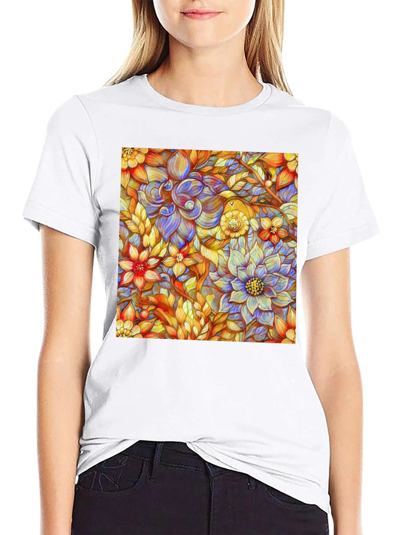 Floral Art Print Mens Black T-Shirt