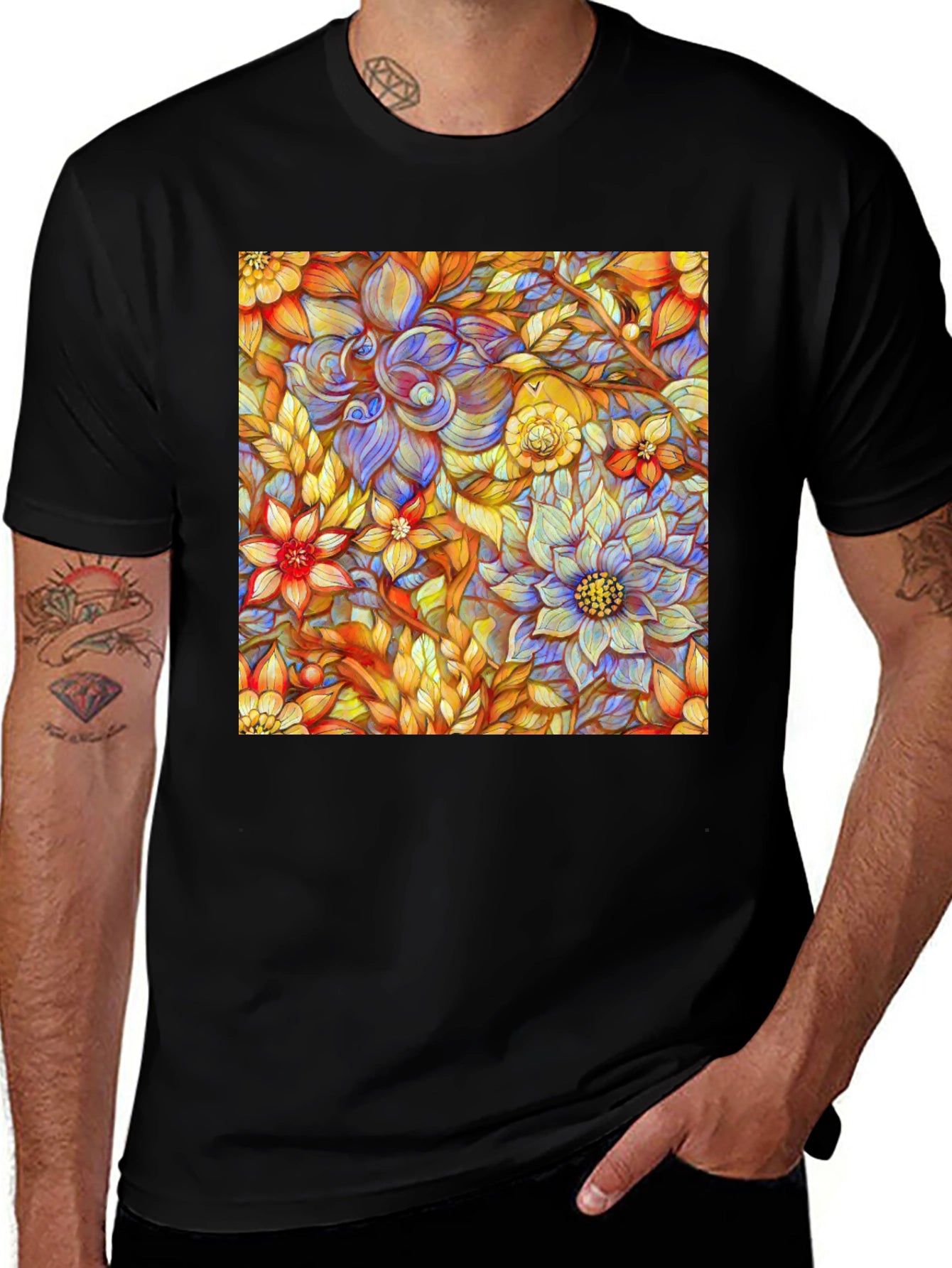 Floral Art Print Mens Black T-Shirt