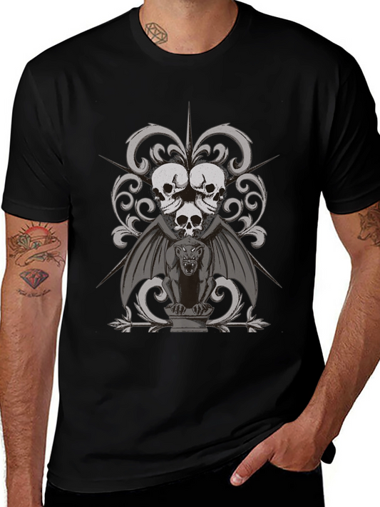 Gothic Skull & Gargoyle Graphic Tee - Dark Style
