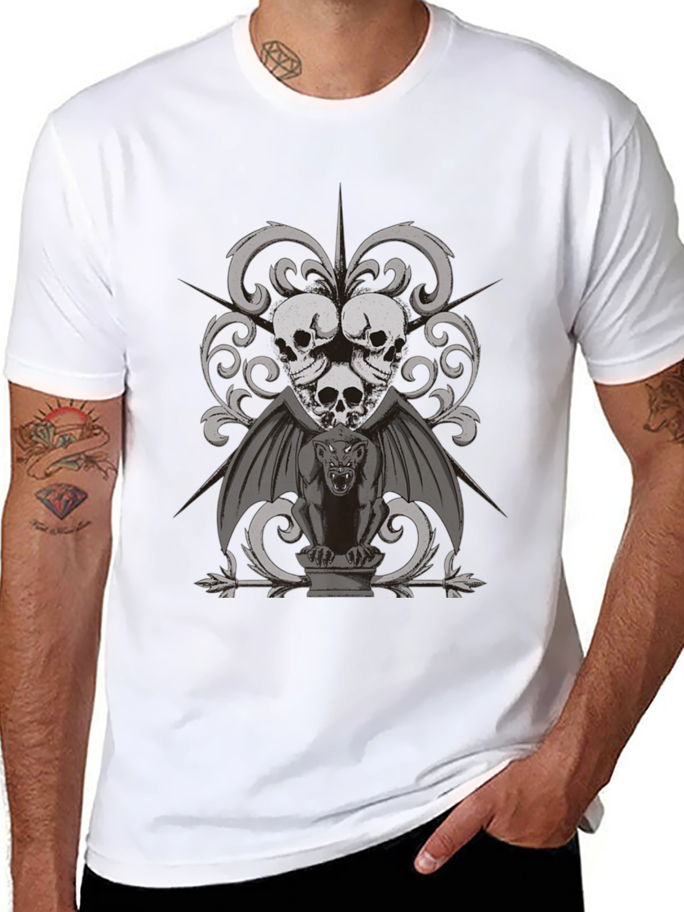 Gothic Skull & Gargoyle Graphic Tee - Dark Style