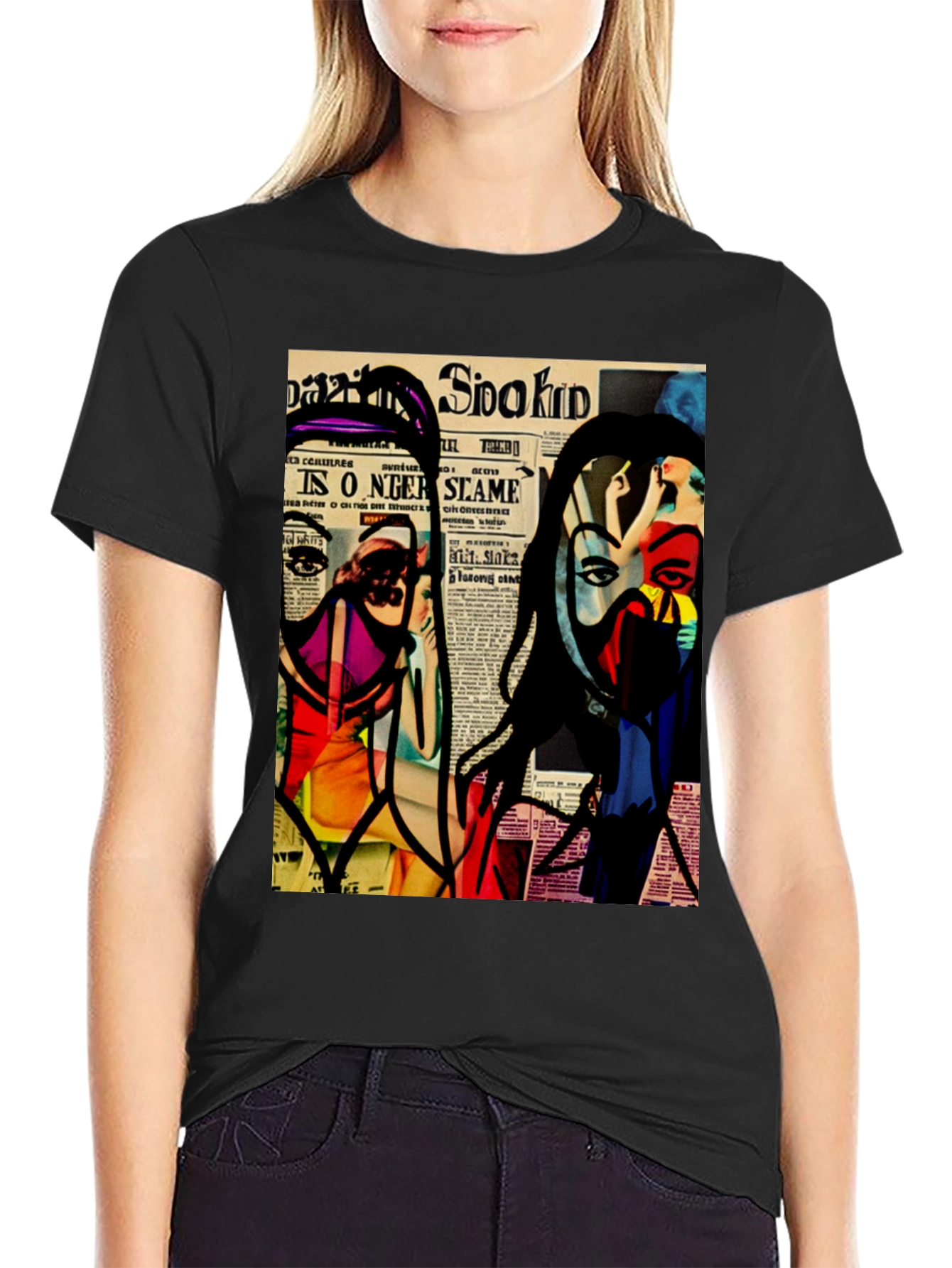 Abstract Newspaper Art Black T-Shirt