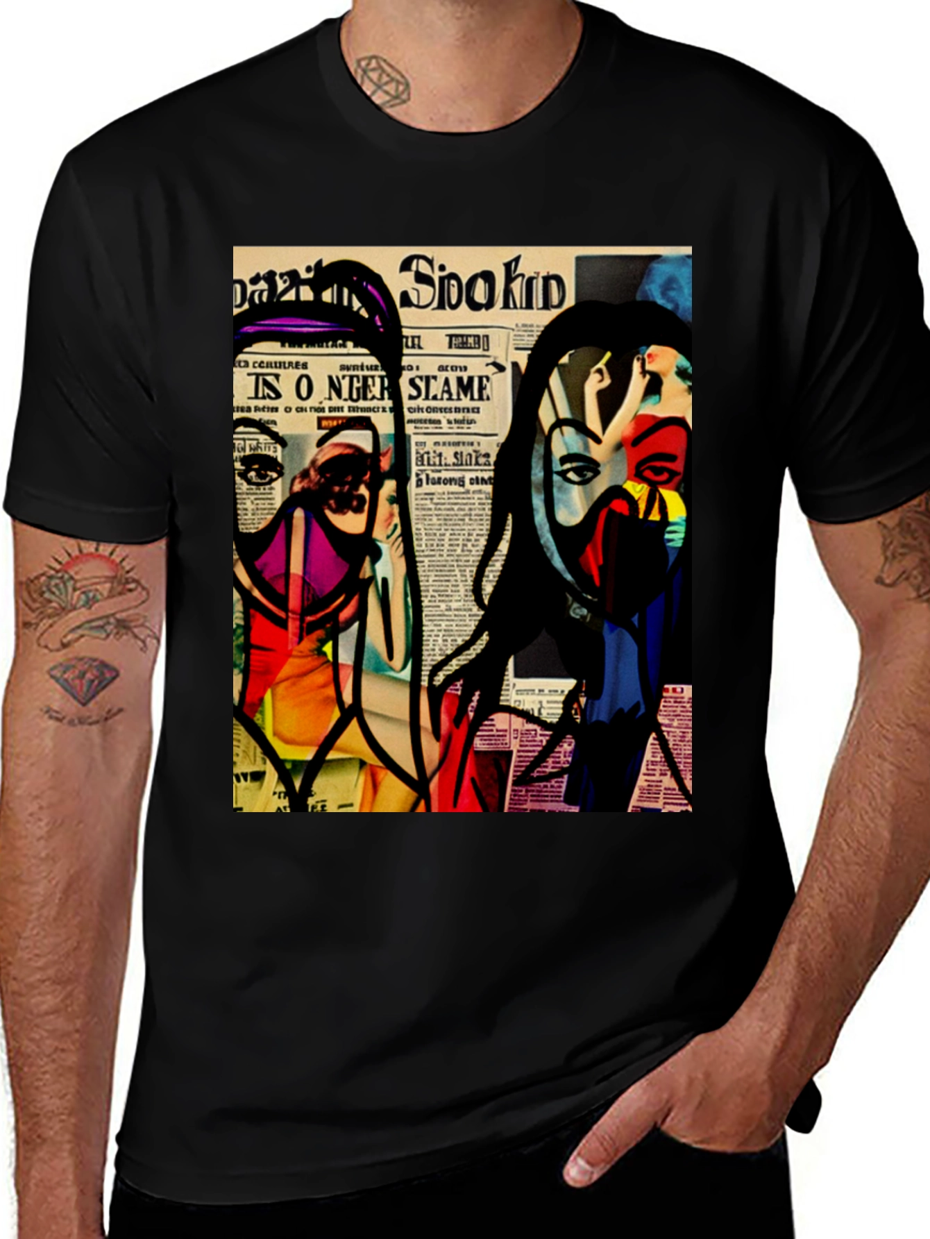 Abstract Newspaper Art Black T-Shirt