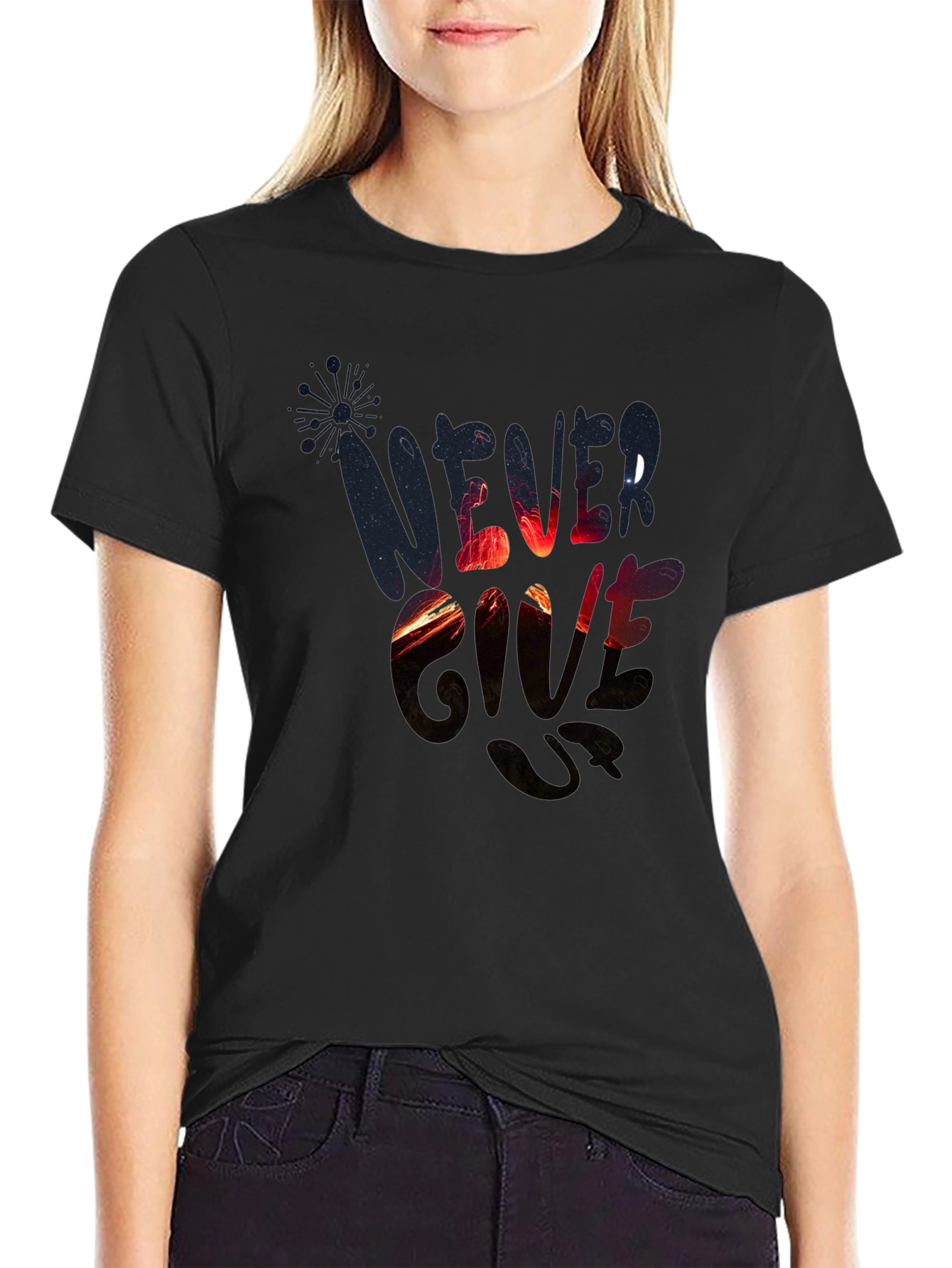 Never Give Up Graphic Print Black T-Shirt