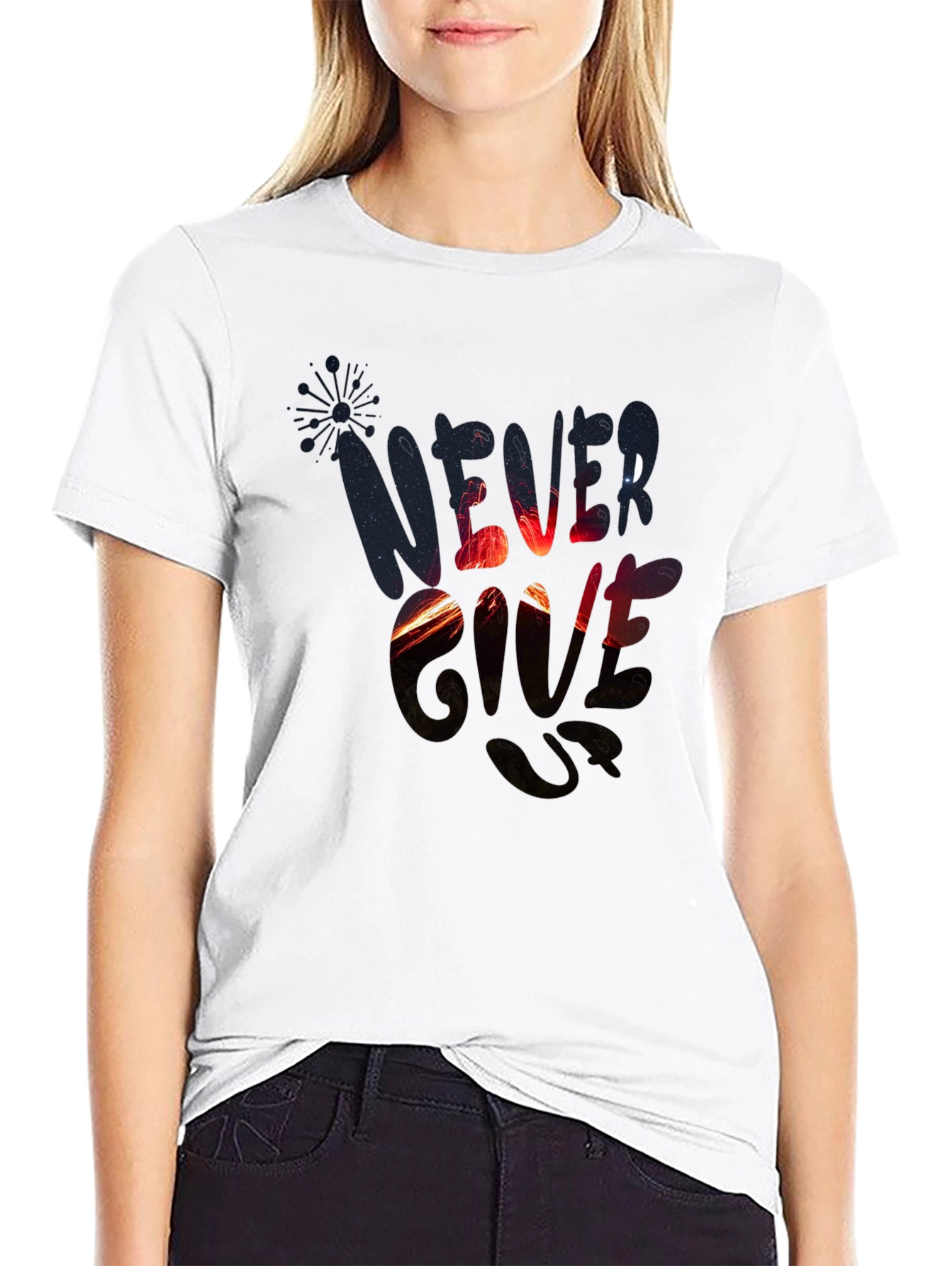 Never Give Up Graphic Print Black T-Shirt