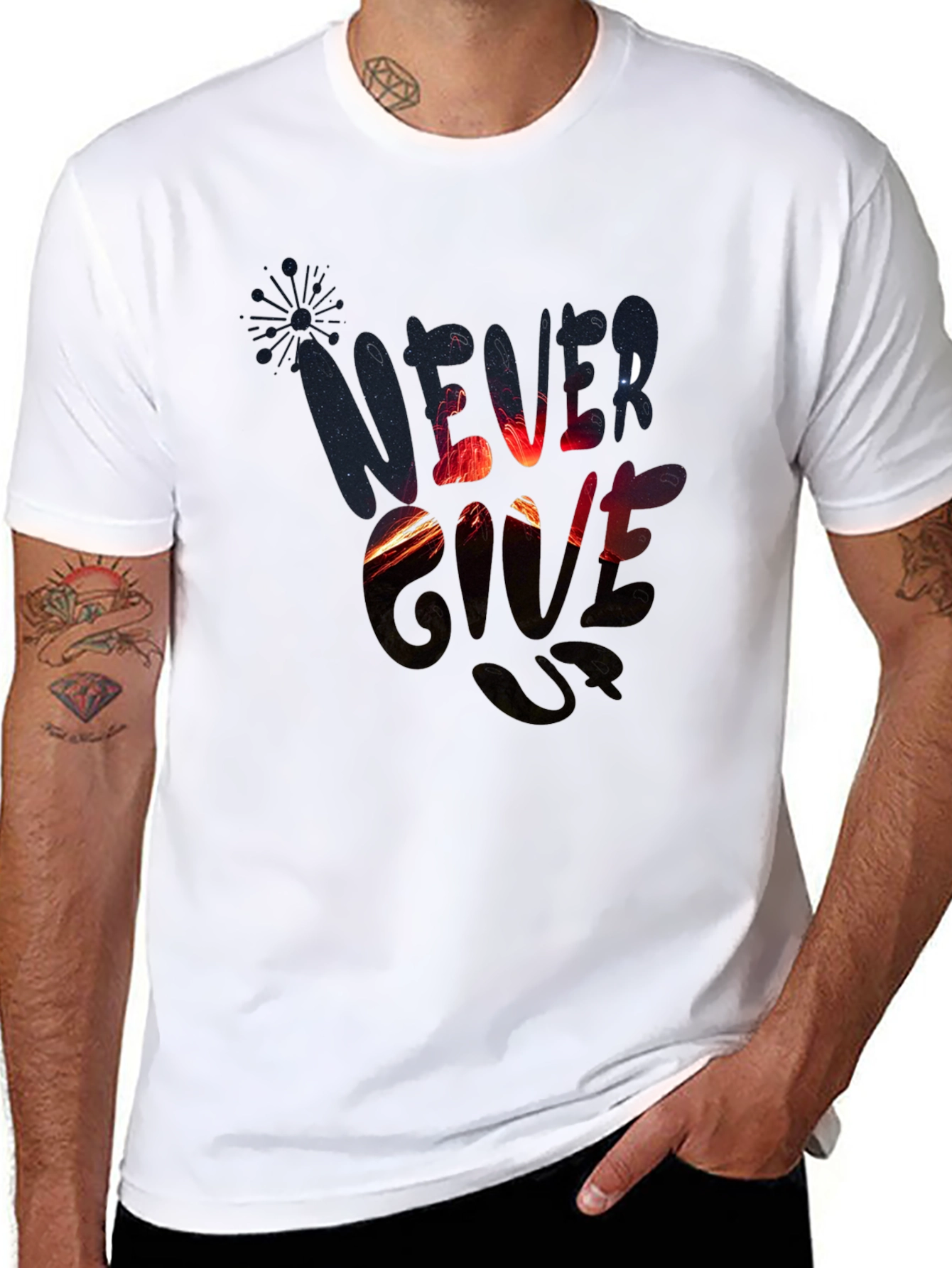 Never Give Up Graphic Print Black T-Shirt