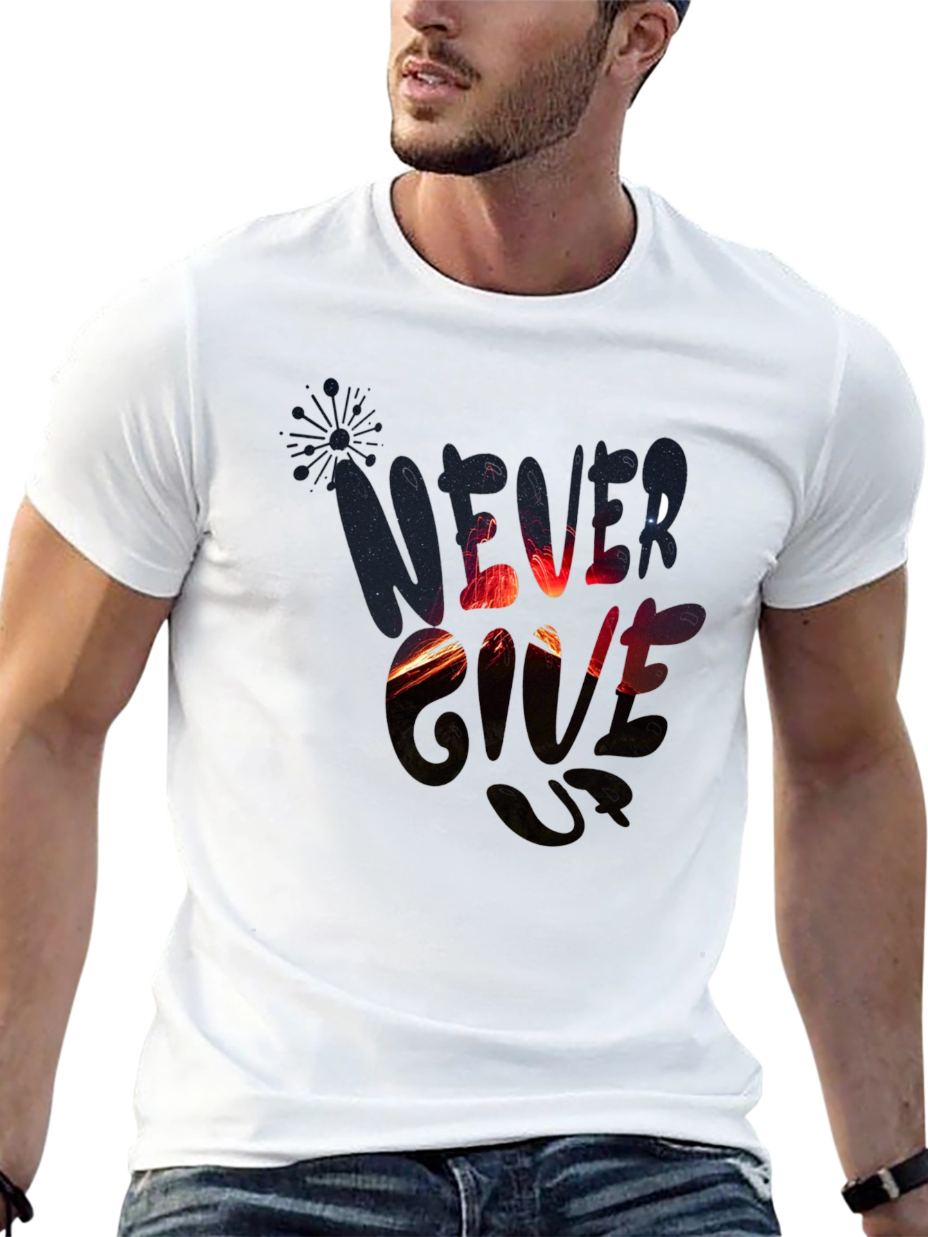 Never Give Up Graphic Print Black T-Shirt