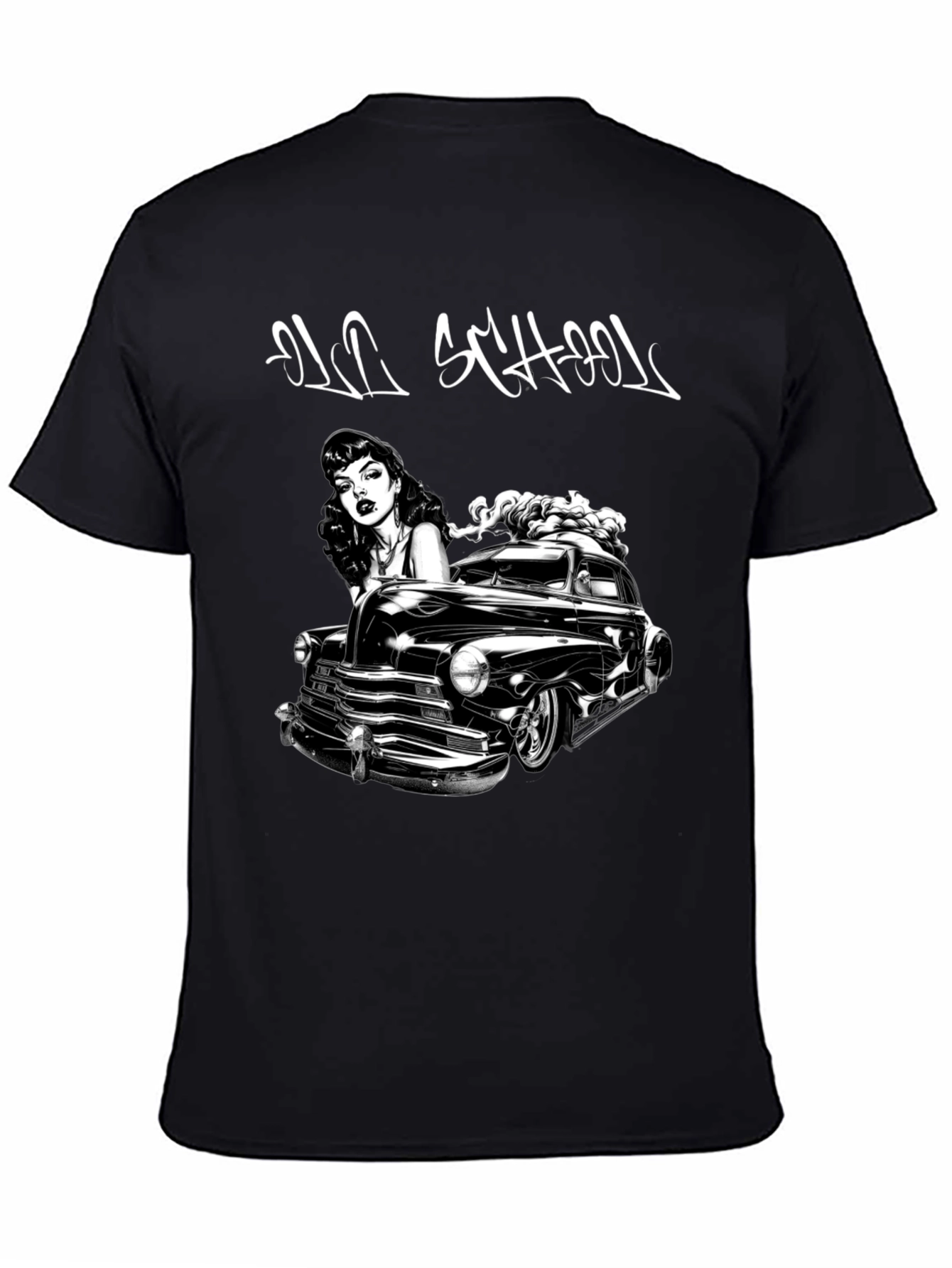Old School Car & Pin-Up Black Graphic T-Shirt