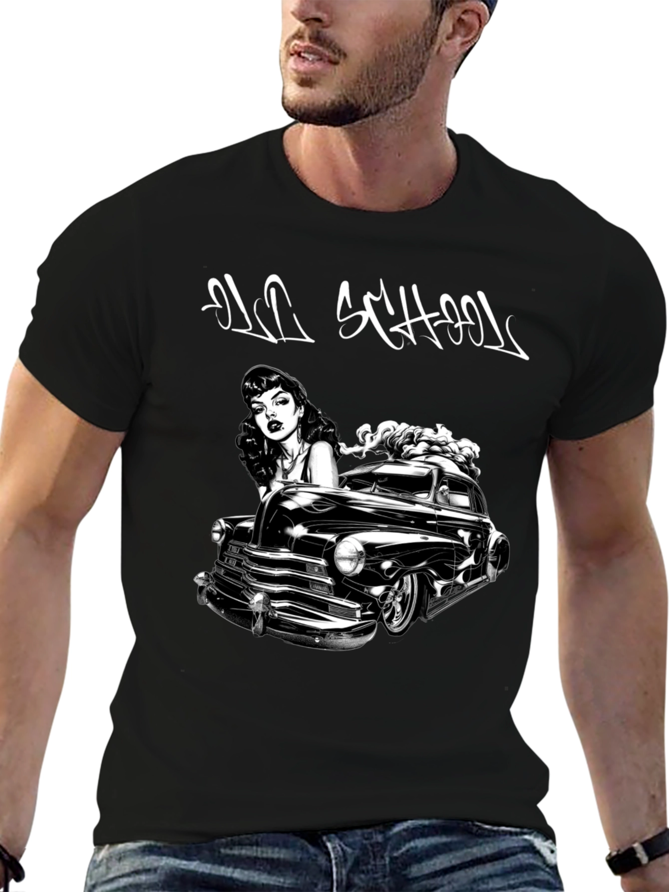 Old School Car & Pin-Up Black Graphic T-Shirt