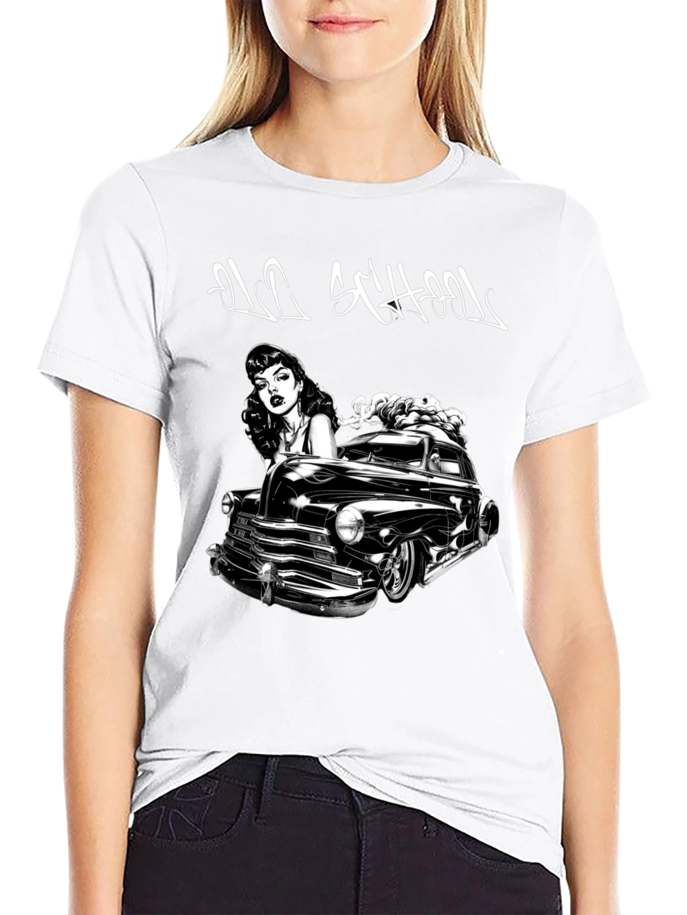 Old School Car & Pin-Up Black Graphic T-Shirt