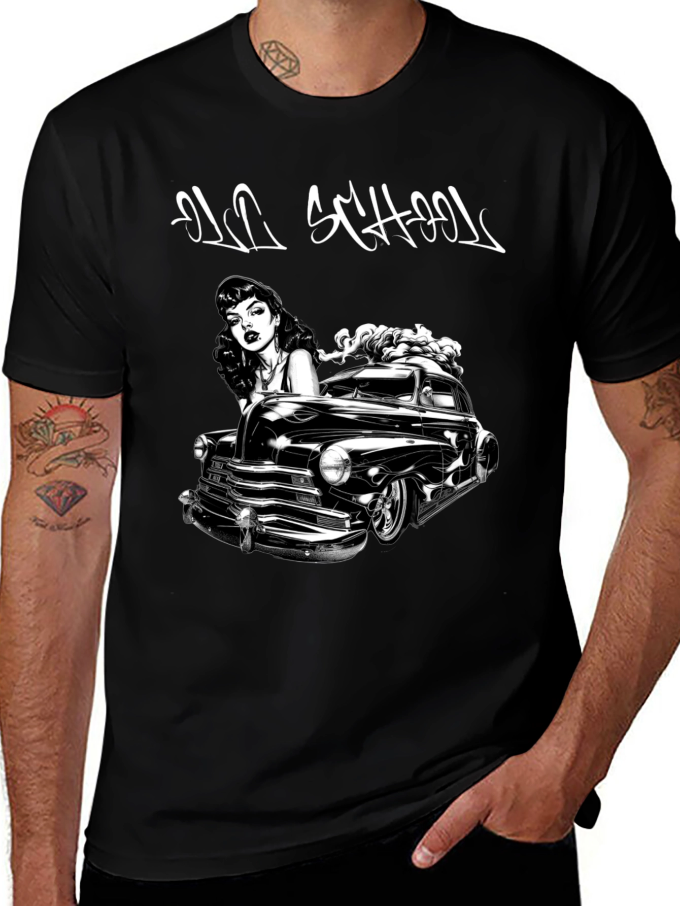 Old School Car & Pin-Up Black Graphic T-Shirt