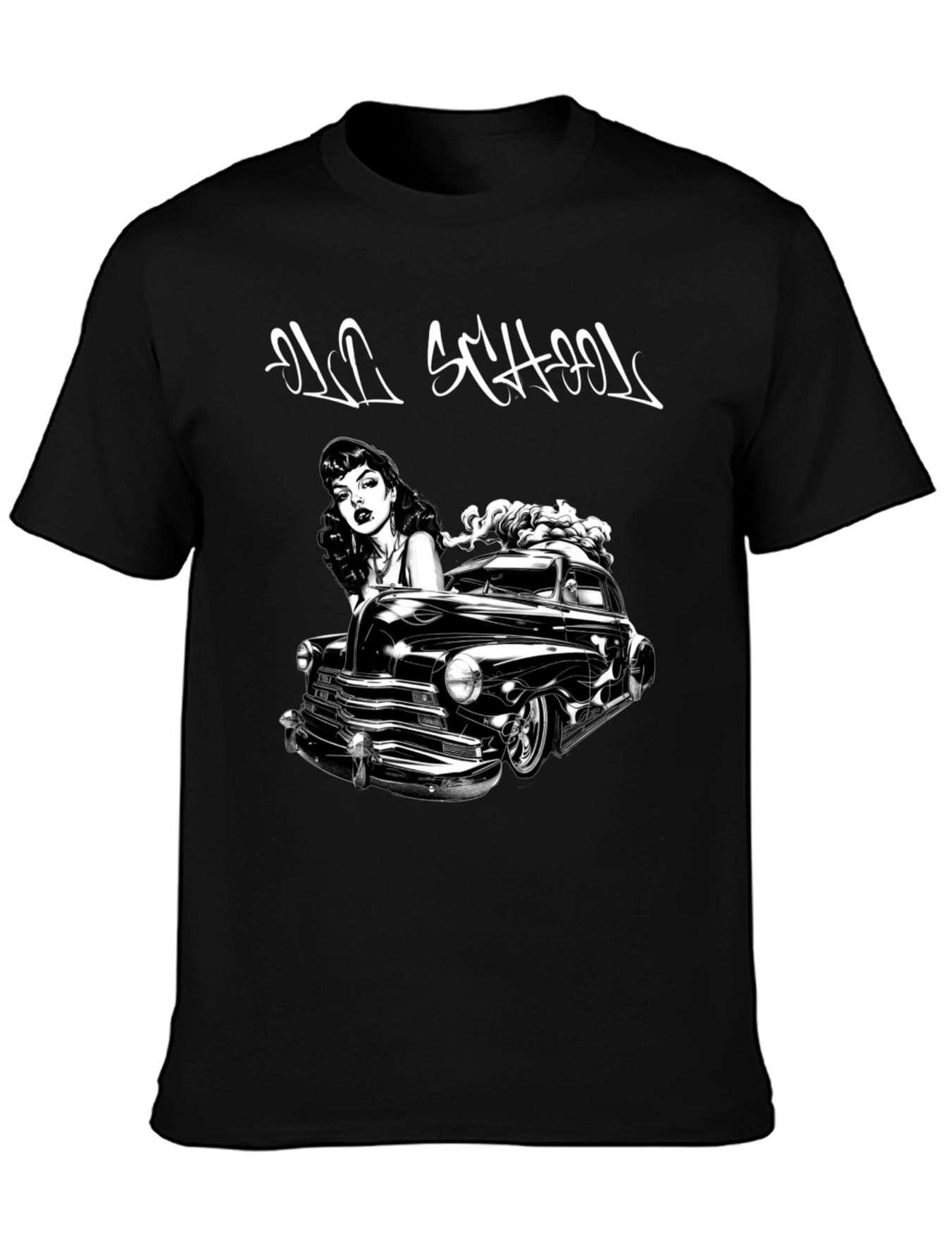 Old School Car & Pin-Up Black Graphic T-Shirt