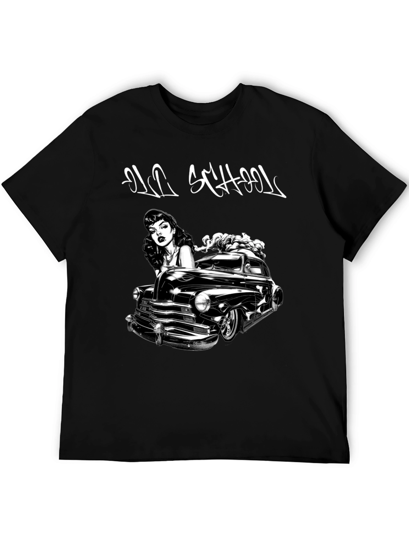 Old School Car & Pin-Up Black Graphic T-Shirt